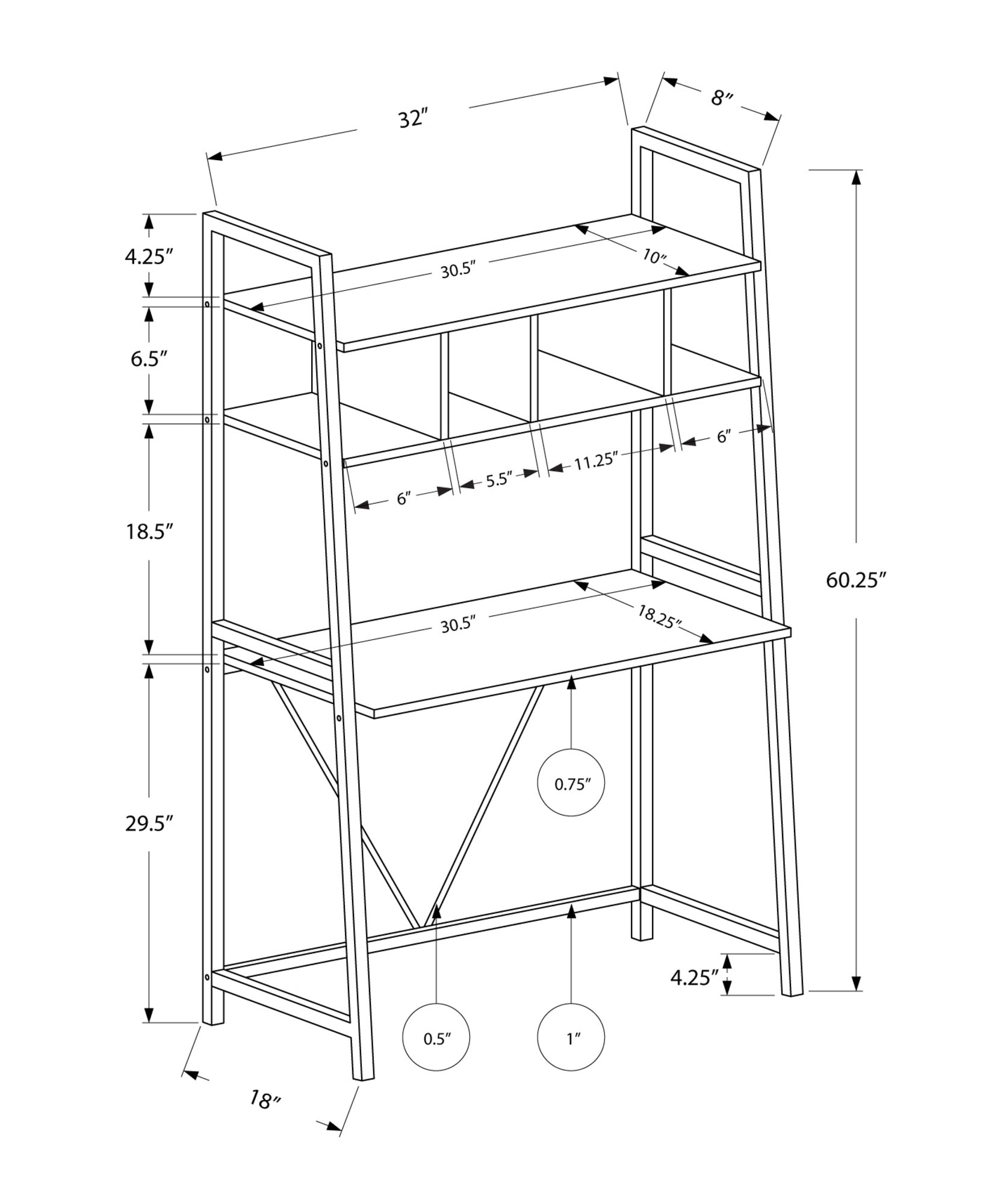 Blueprint schematic for a white ladder desk with dimensions for shelf height width and depth