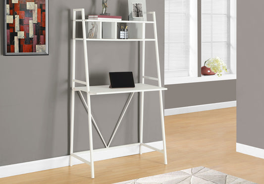 Modern white ladder desk with integrated shelves and a tablet perfect for home office organization