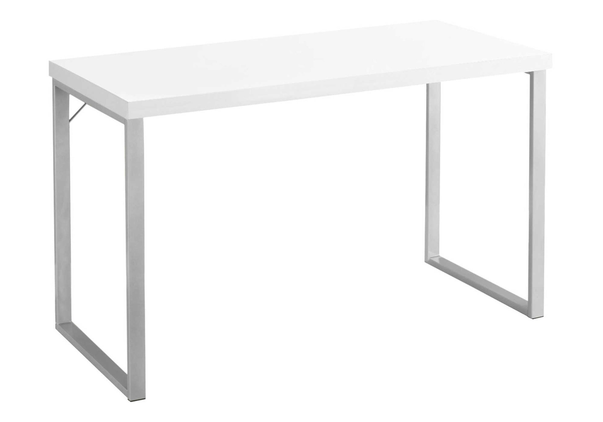 Modern white laminate desk with sleek silver metal legs for a home office