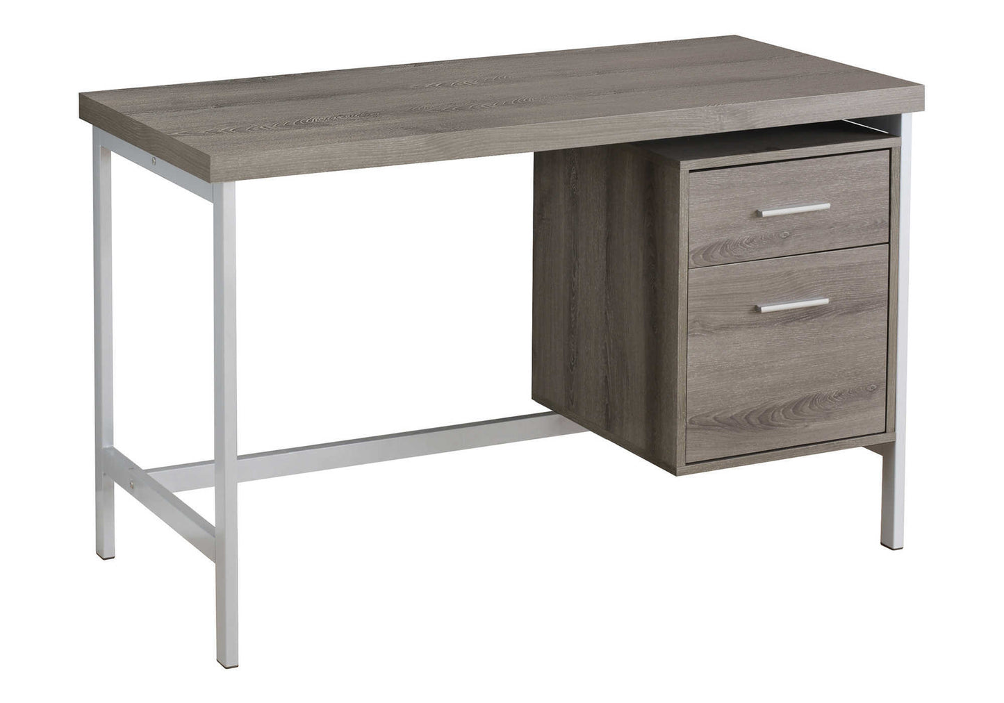 Modern grey wood desk with white metal legs and two drawers for storage