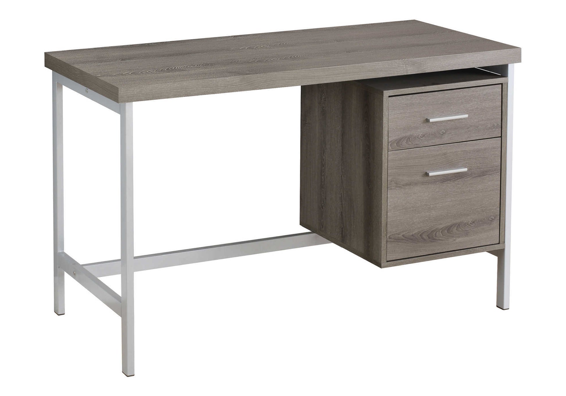 Modern grey wood desk with white metal legs and two drawers for storage
