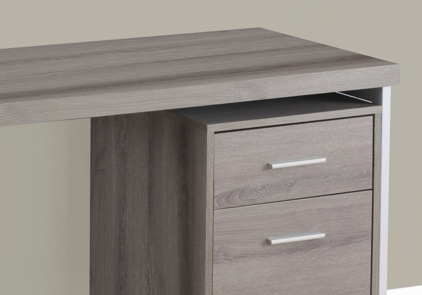 Rustic grey wood desk with two drawers and white handles for home office