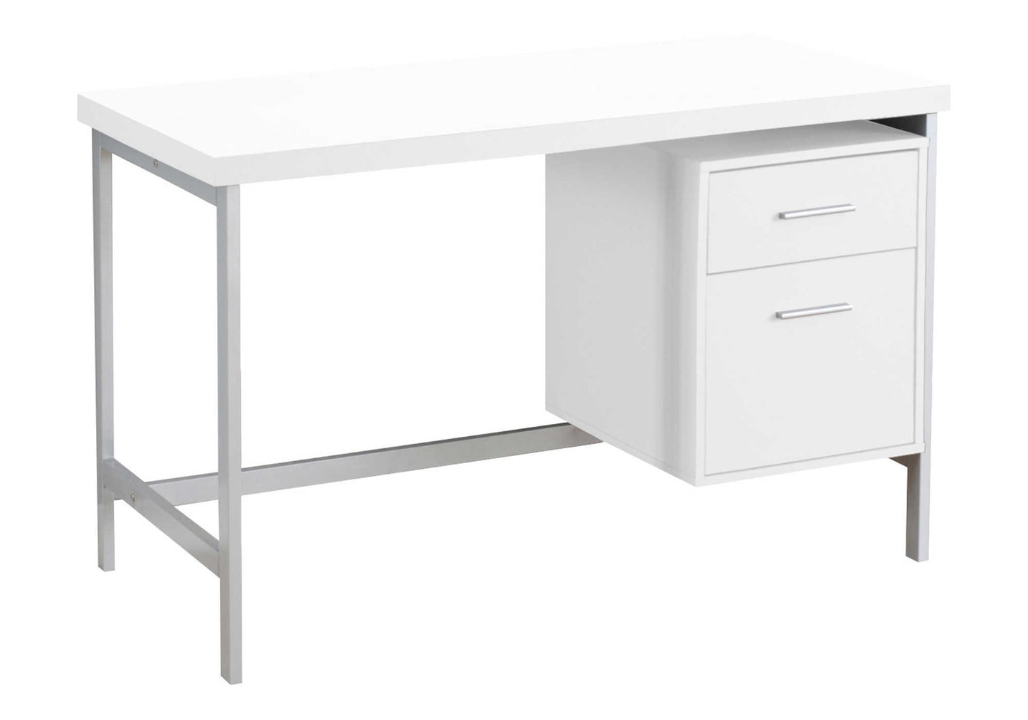 Modern white desk with silver metal frame and two drawers