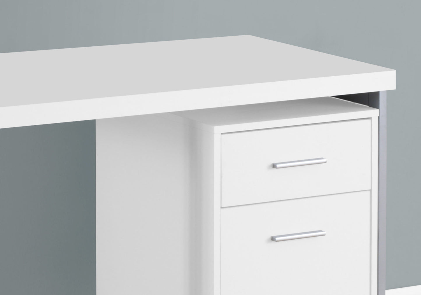 Modern white desk with two silverhandled drawers for home office organization