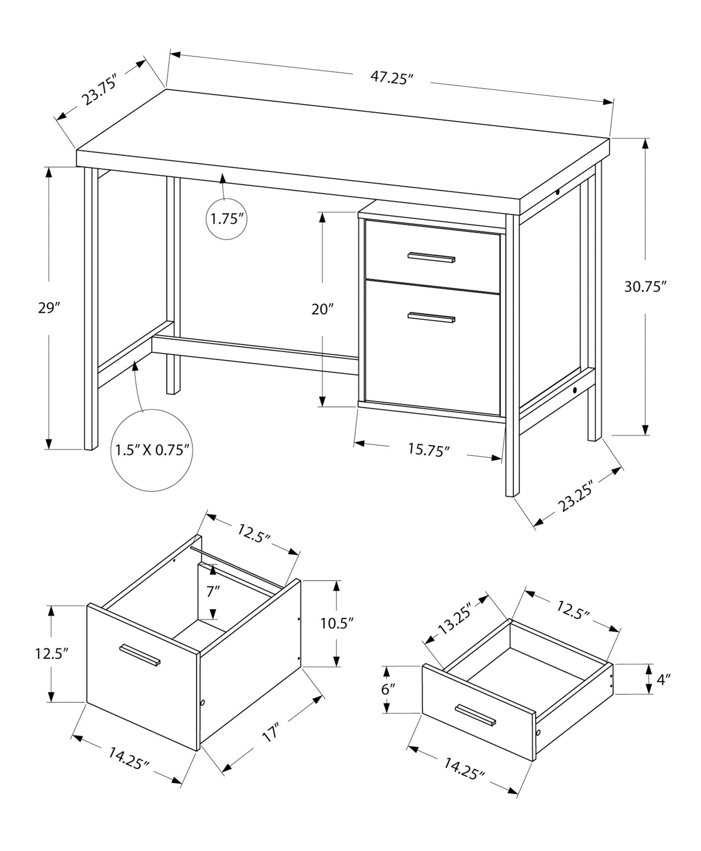 Technical drawing of a modern writing desk with dimensions for overall size and drawer capacity