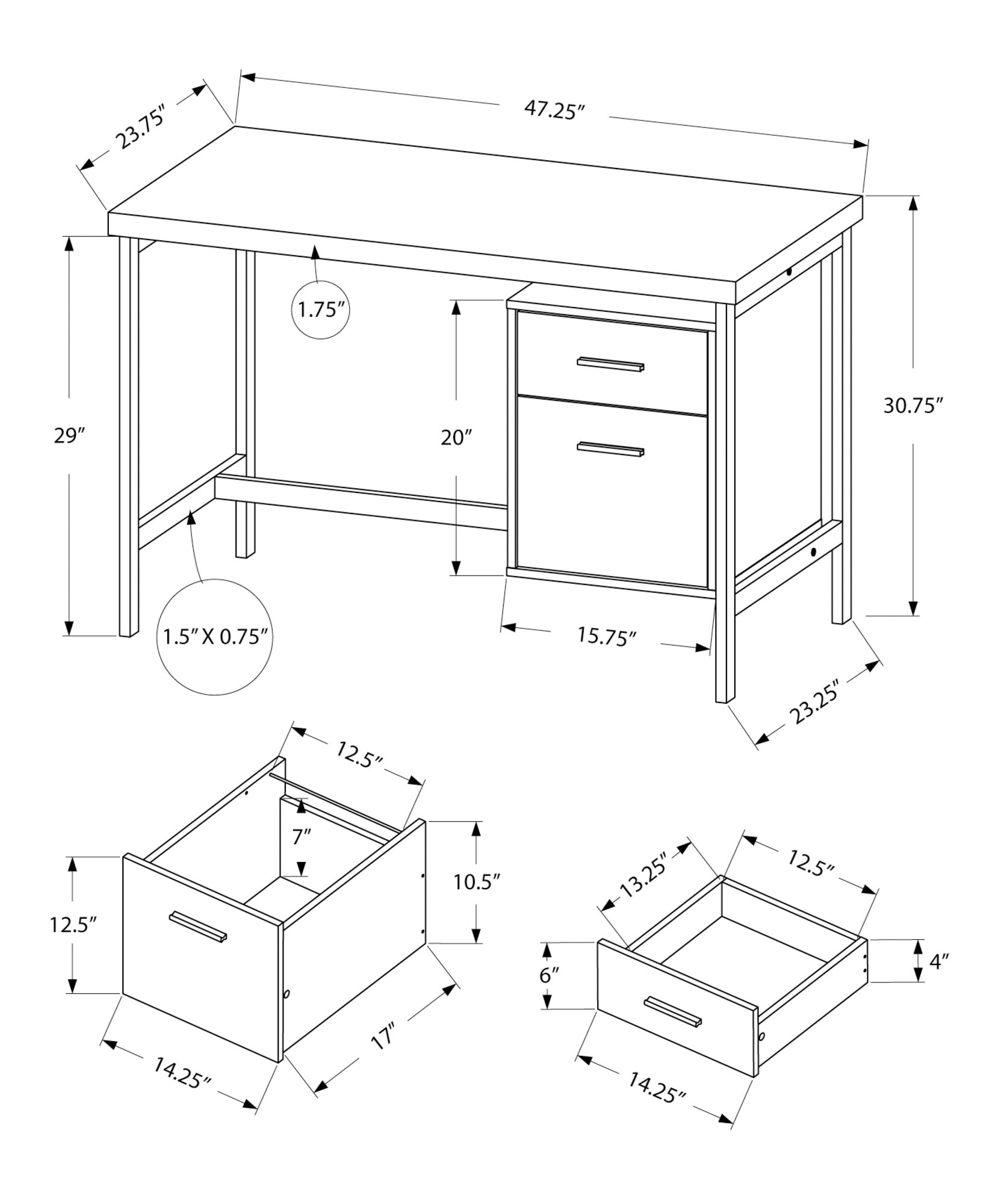Technical drawing of a modern writing desk with dimensions for overall size and drawer capacity