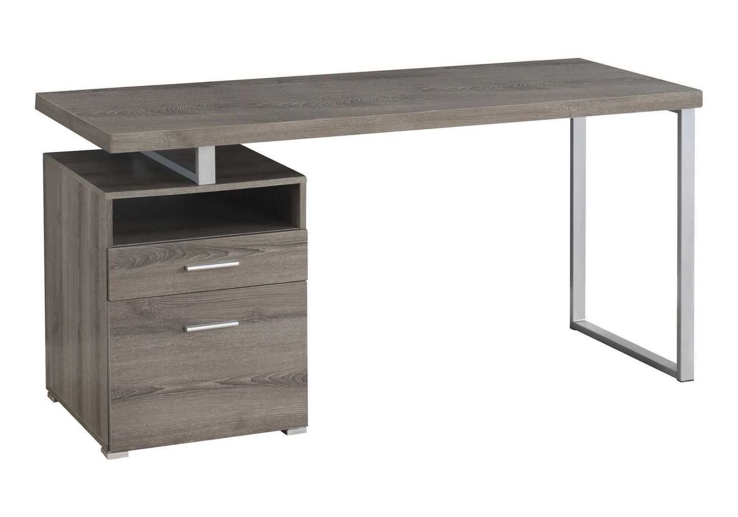Modern gray wood desk with silver metal legs and drawers for office use