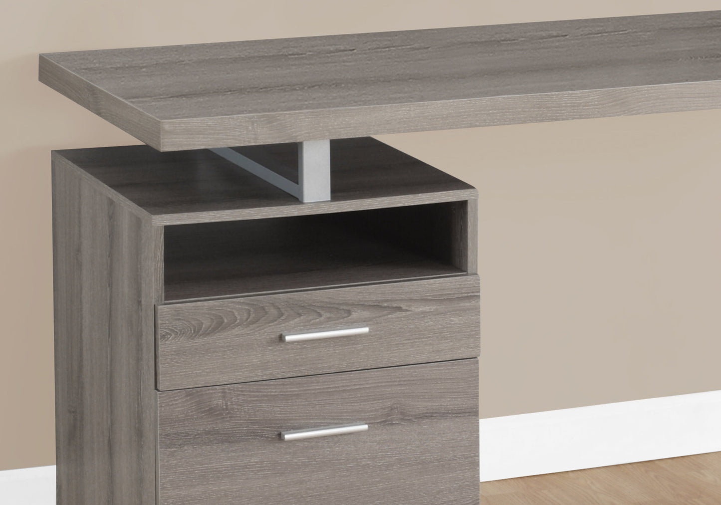 Grey wood modern desk with two drawers and open shelf