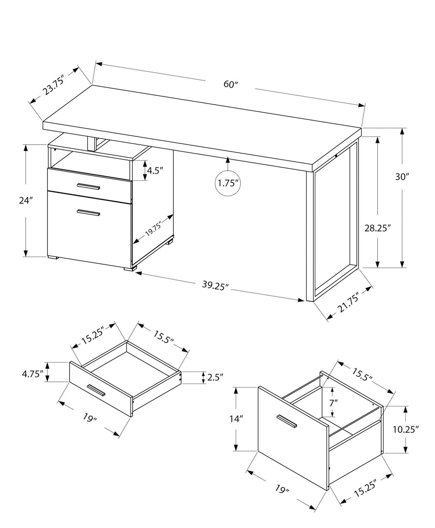 Technical drawing of a inch modern executive desk with dimensions and drawer details