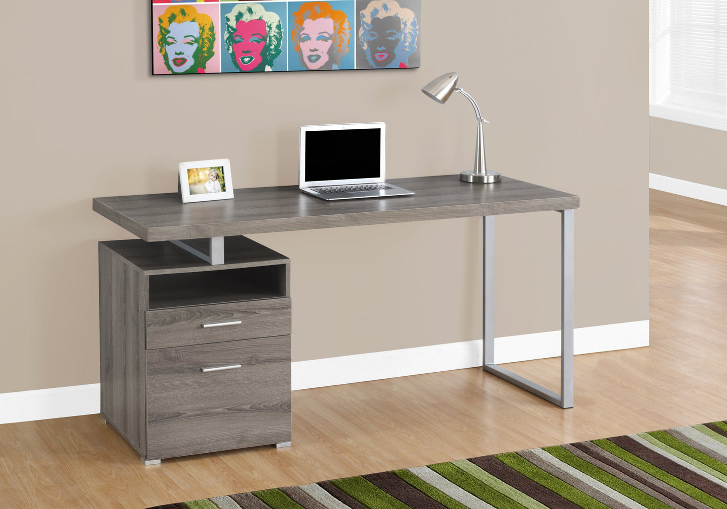 Gray modern writing desk with silver legs and two drawers