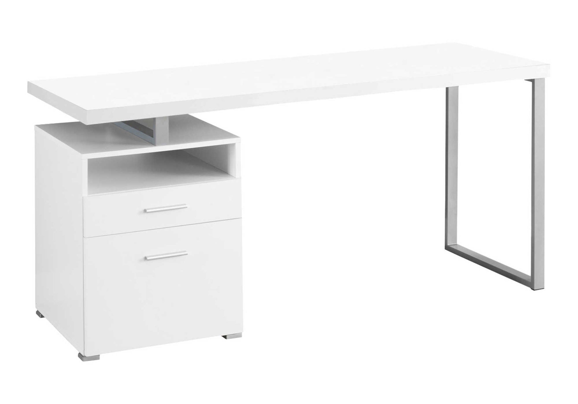 Modern white desk with chrome legs and integrated filing cabinet perfect for home offices