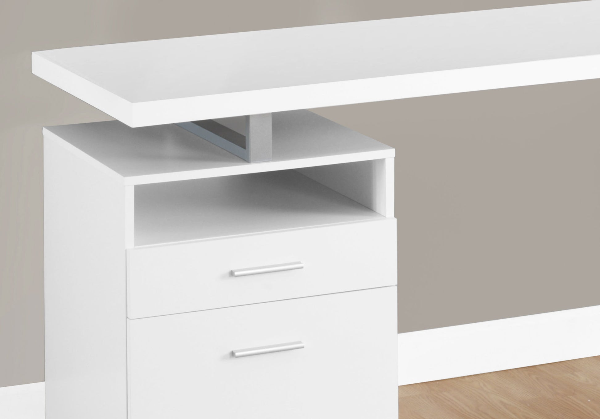 White modern computer desk with two drawers and open shelving
