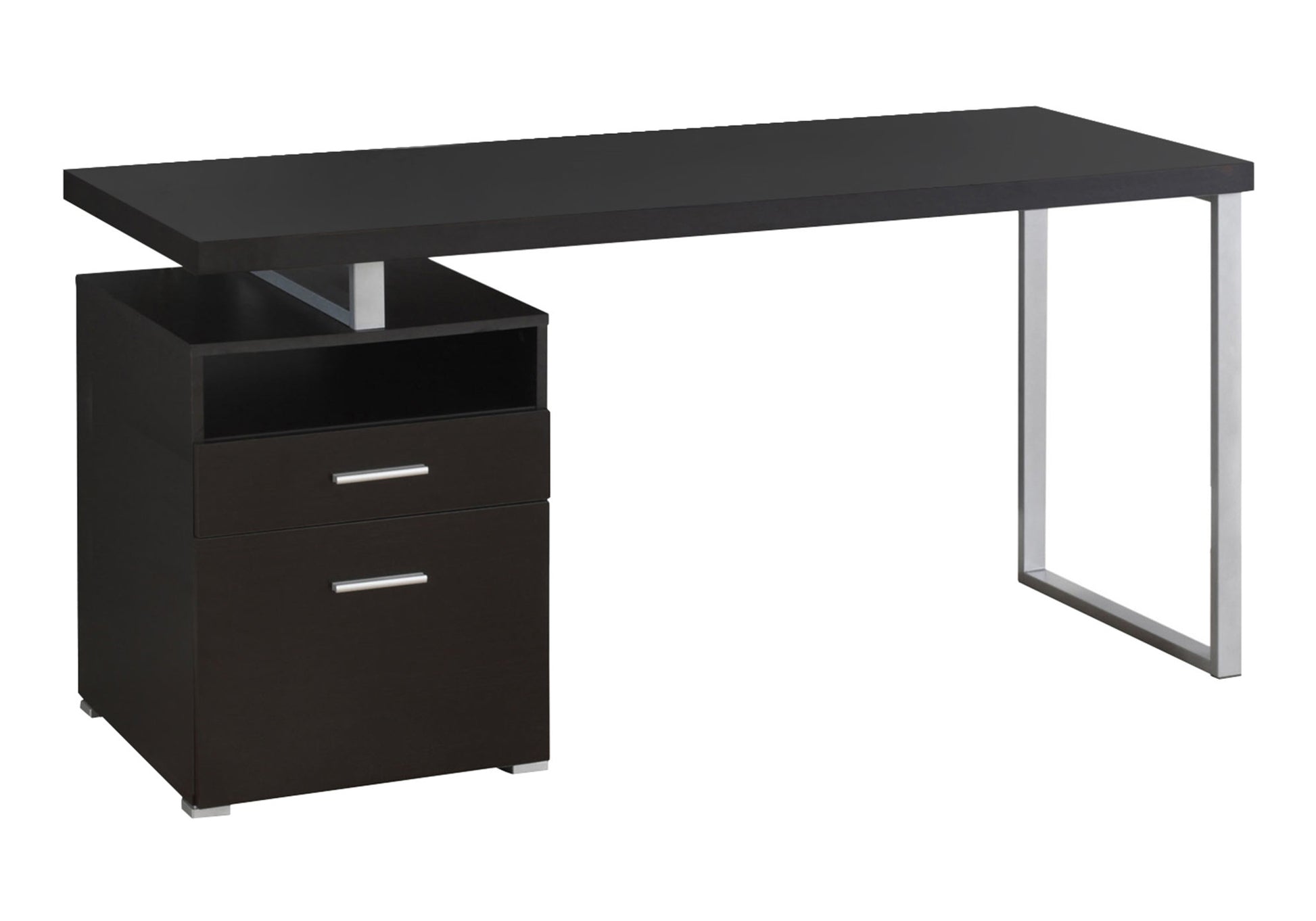 Dark brown modern desk with silver metal legs and two drawers perfect for home office