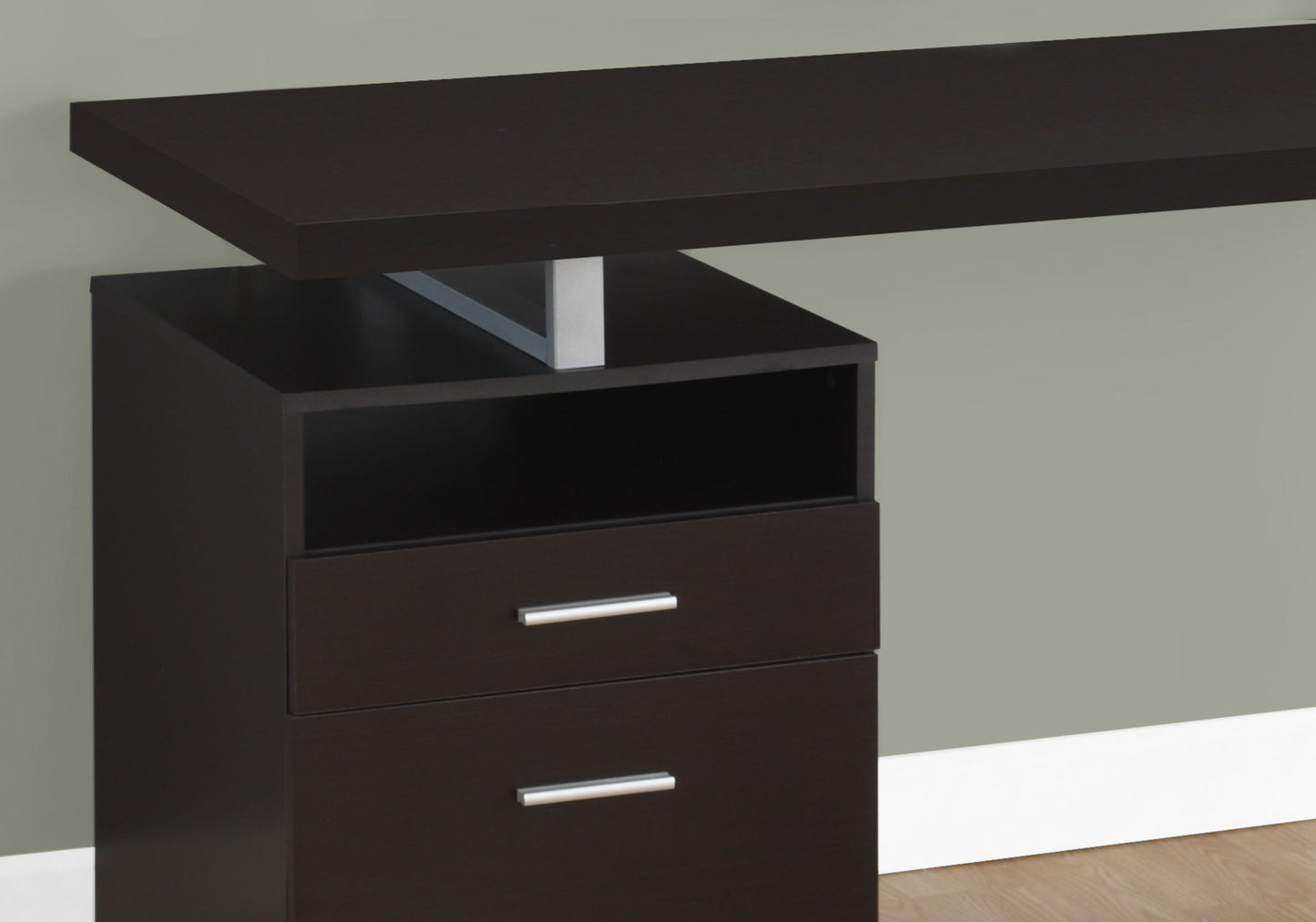 Dark espresso writing desk with silver metal accents and two drawers