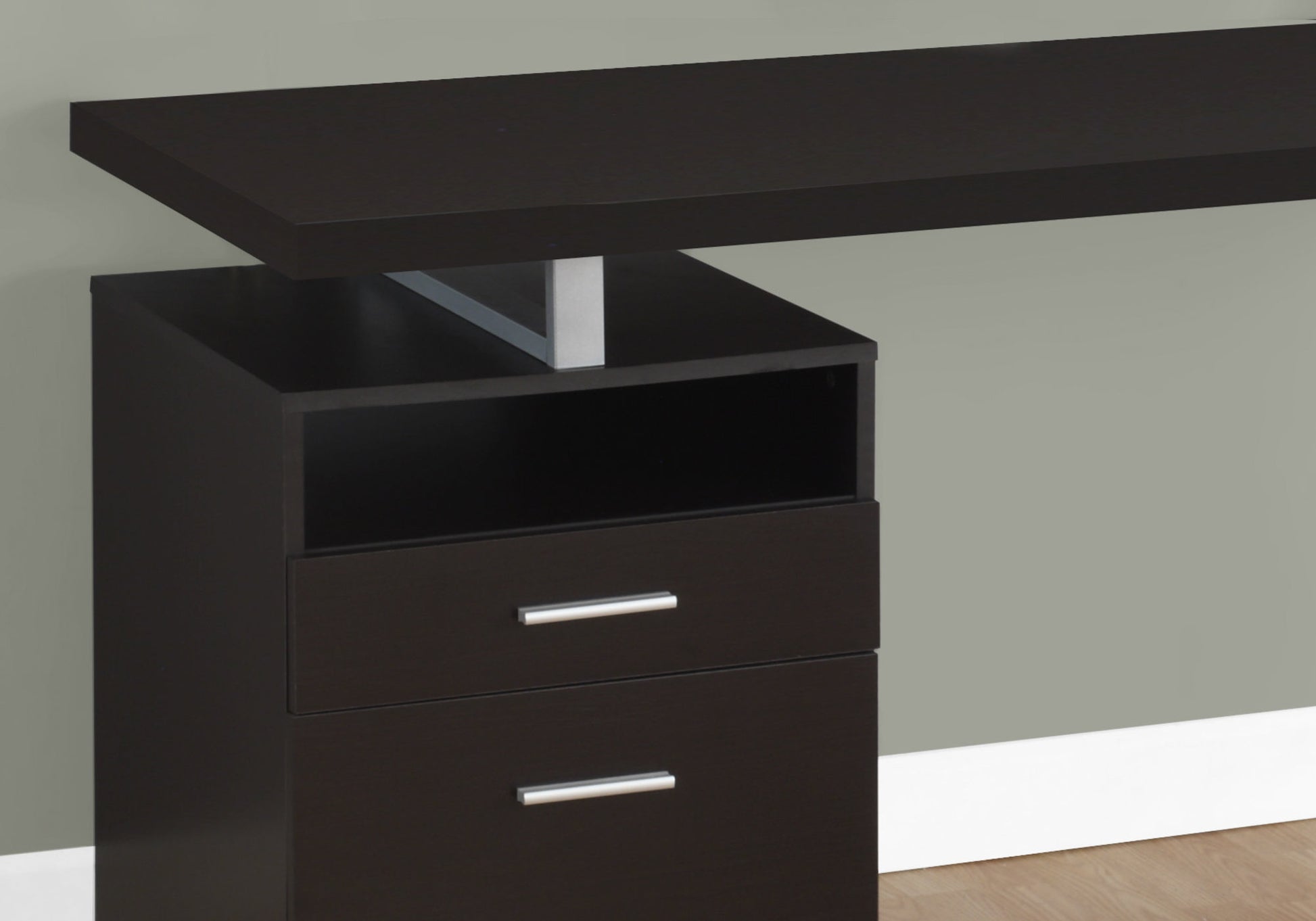 Dark espresso writing desk with silver metal accents and two drawers