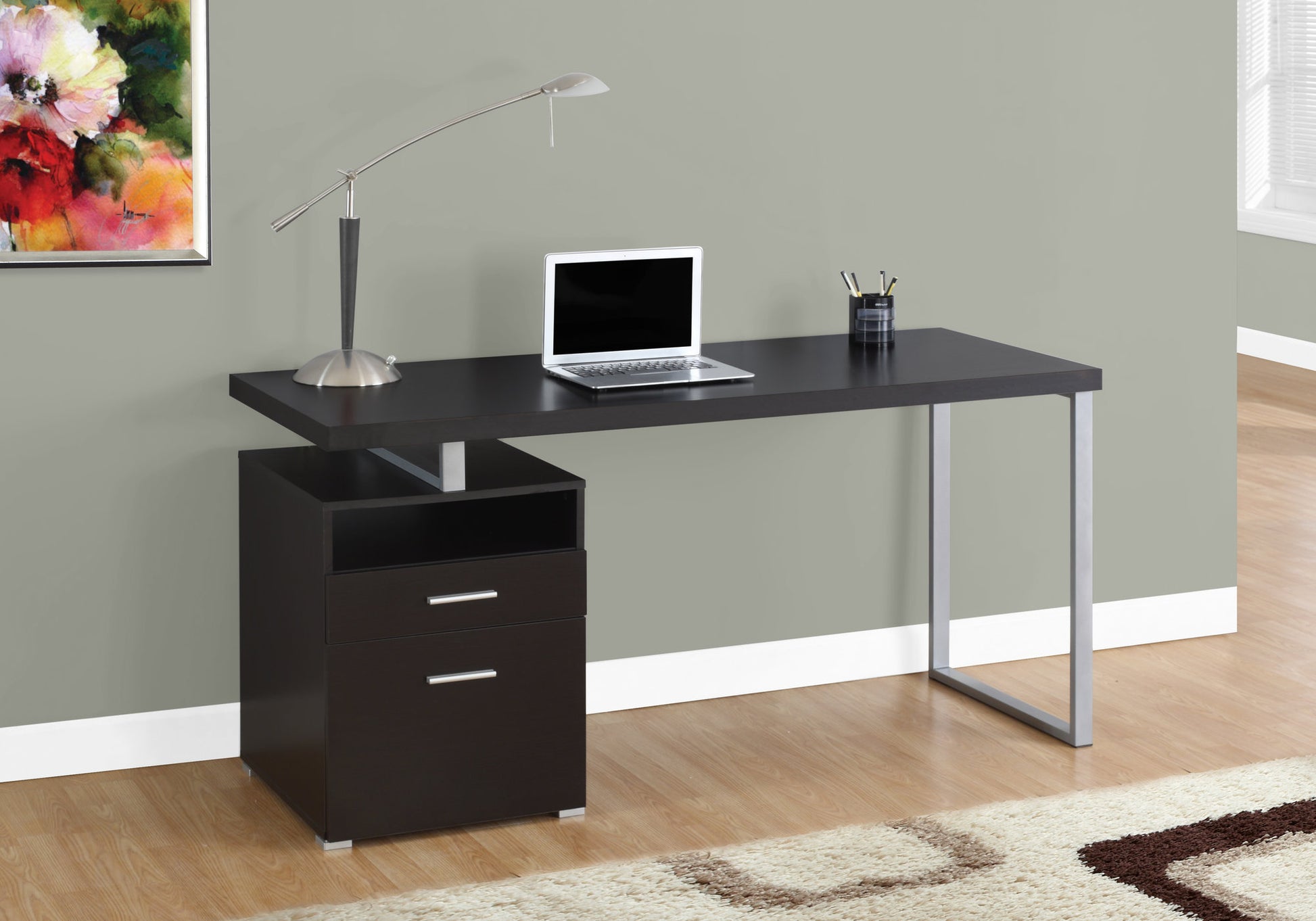 Modern dark wood computer desk with silver metal legs and attached filing cabinet