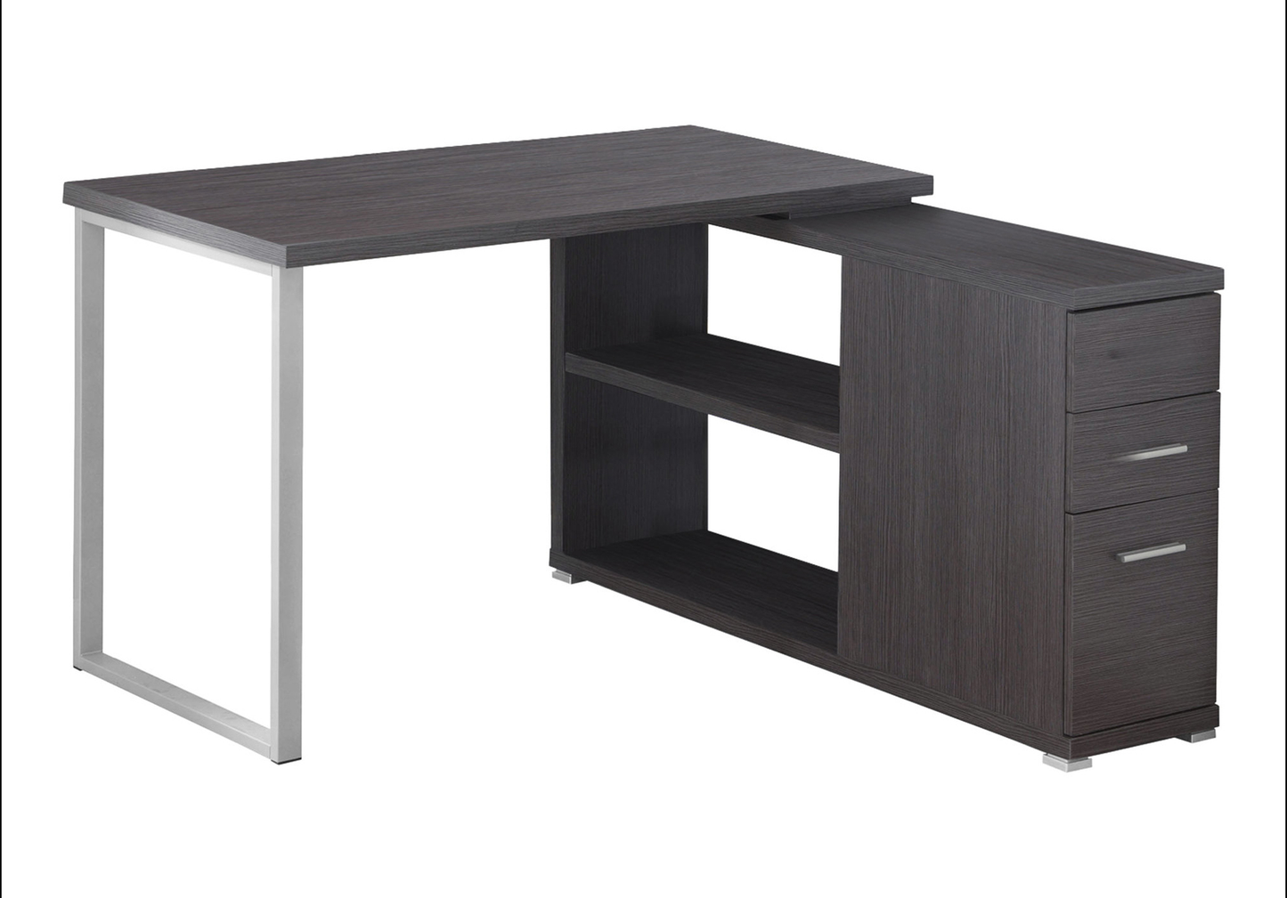Dark gray wood grain lshaped desk with silver metal legs and drawers