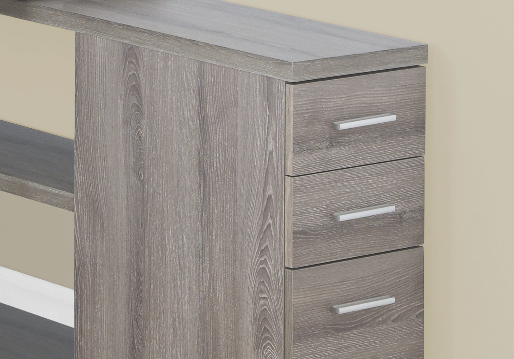 Rustic oak dresser with three white pull drawers and open shelving