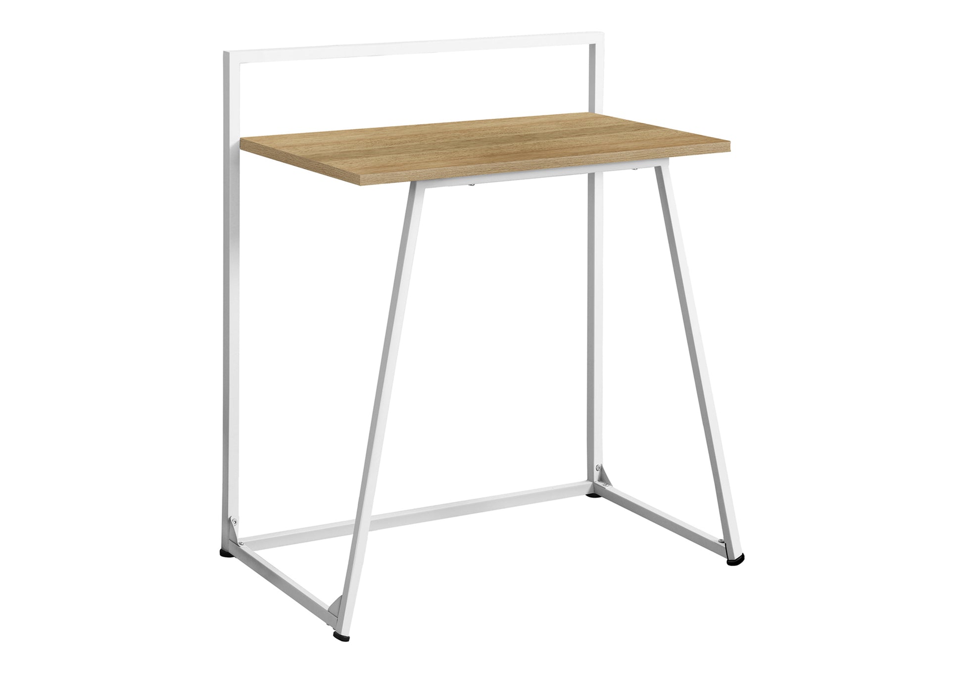 Compact white metal standing desk with natural woodgrain laminate top