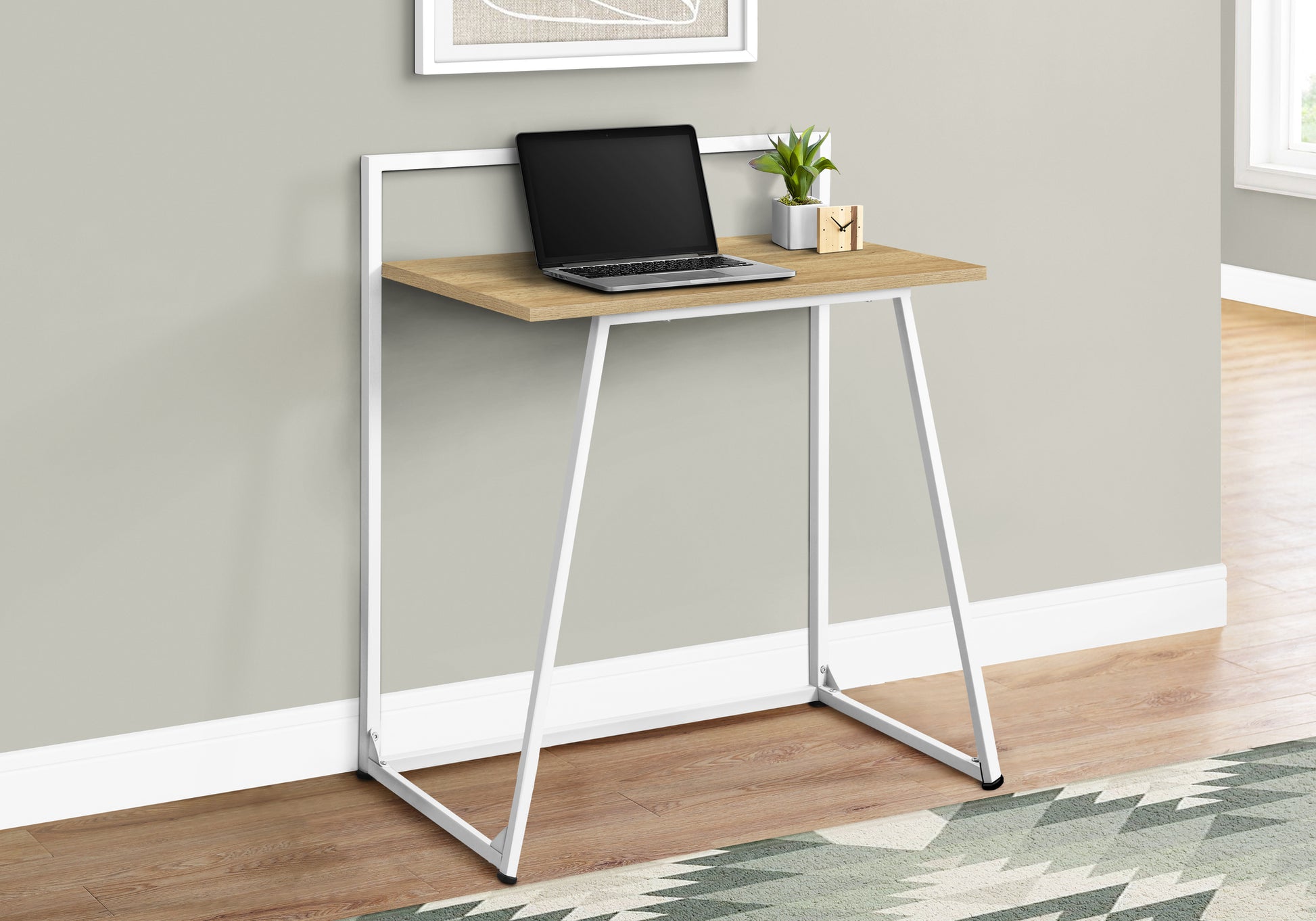 Modern wood and white metal writing desk with a minimalist design