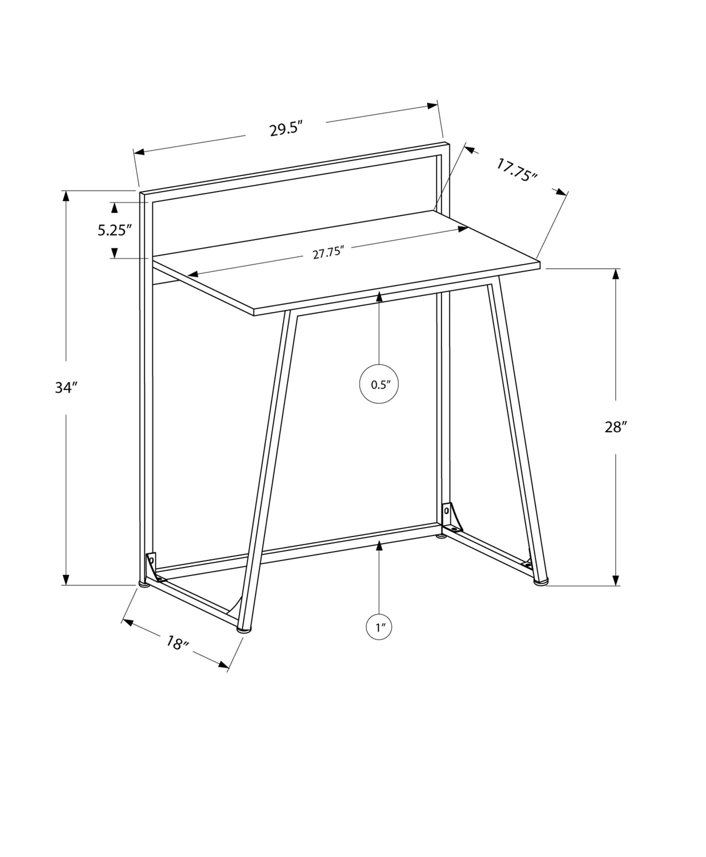Technical drawing of a metal frame desk with dimensions showing width of  inches and height of  inches