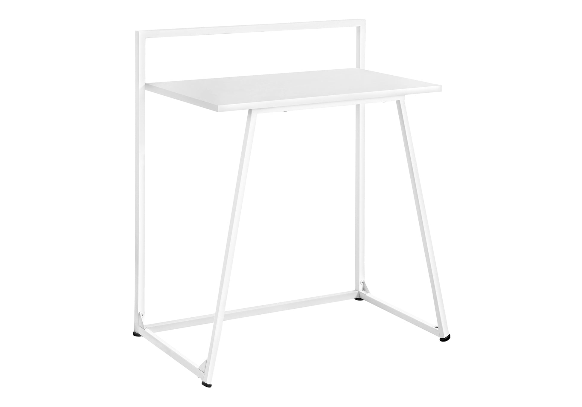 Minimalist white metal desk with a clean rectangular tabletop and angled legs for a modern office