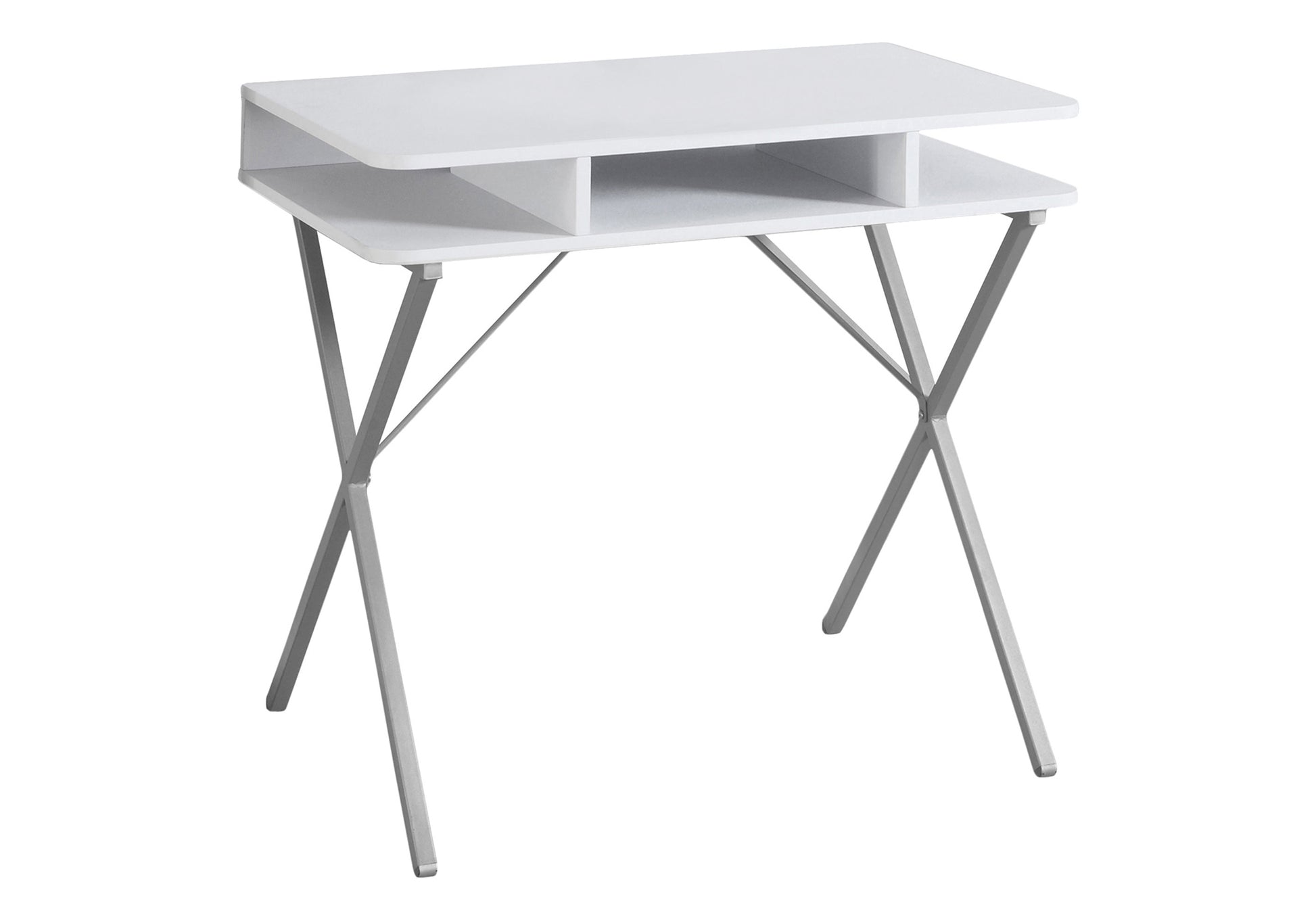 White modern writing desk with silver Xshaped legs and two open shelves