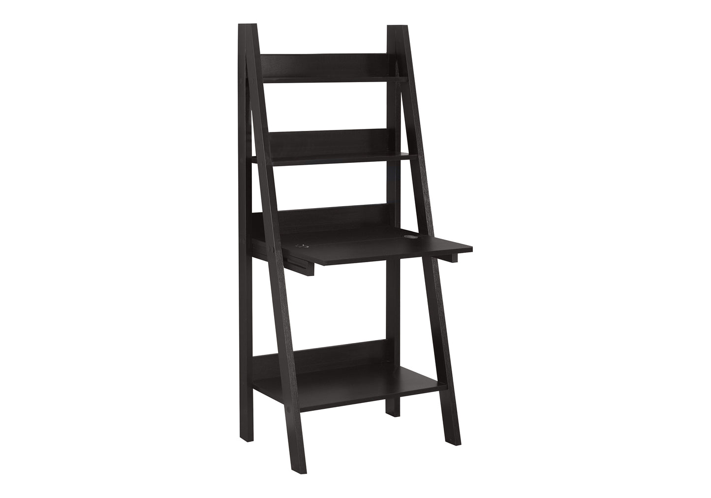 Dark brown ladder desk with three shelves and a pullout drawer for small workspace