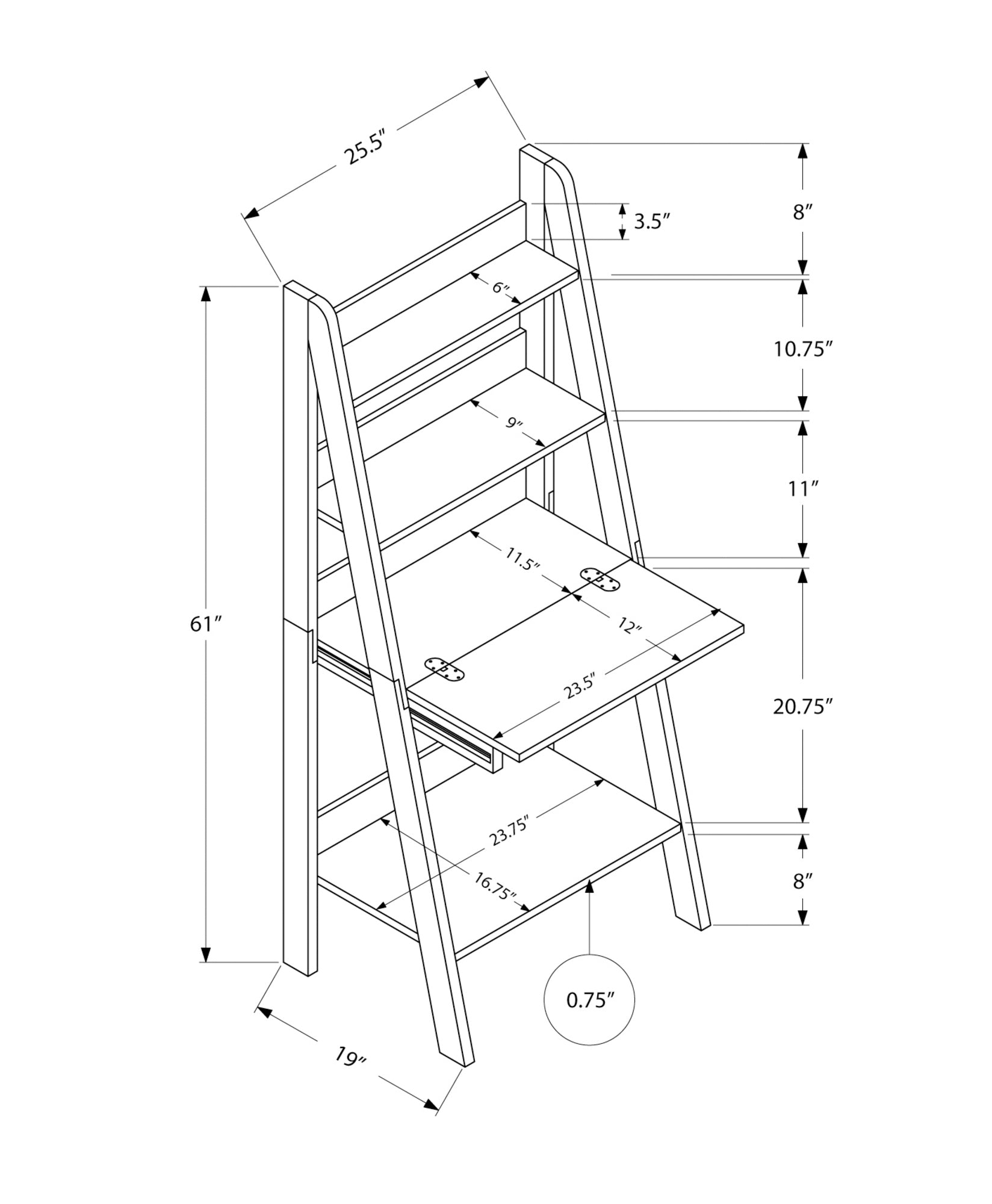 Blueprint diagram of a compact ladder desk with shelf dimensions