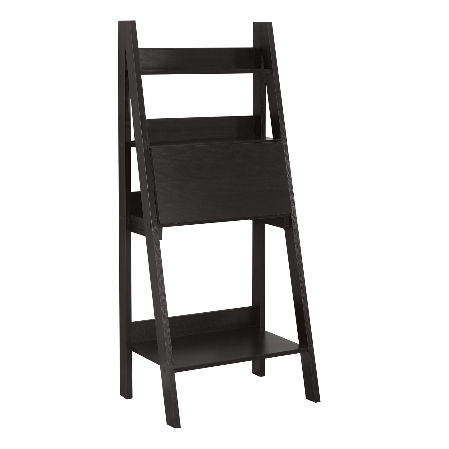 Dark wood ladder bookshelf with three open shelves and a desk section