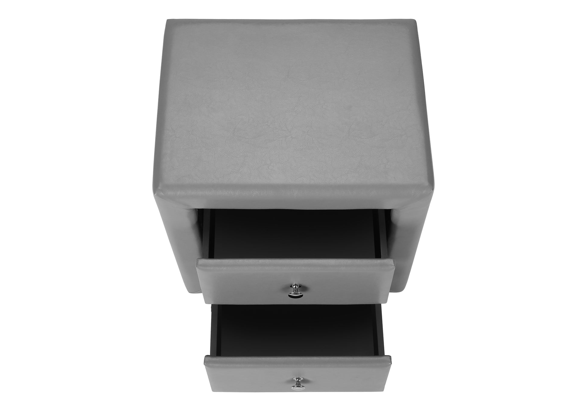 Gray faux leather storage ottoman with two open drawers and silver knobs