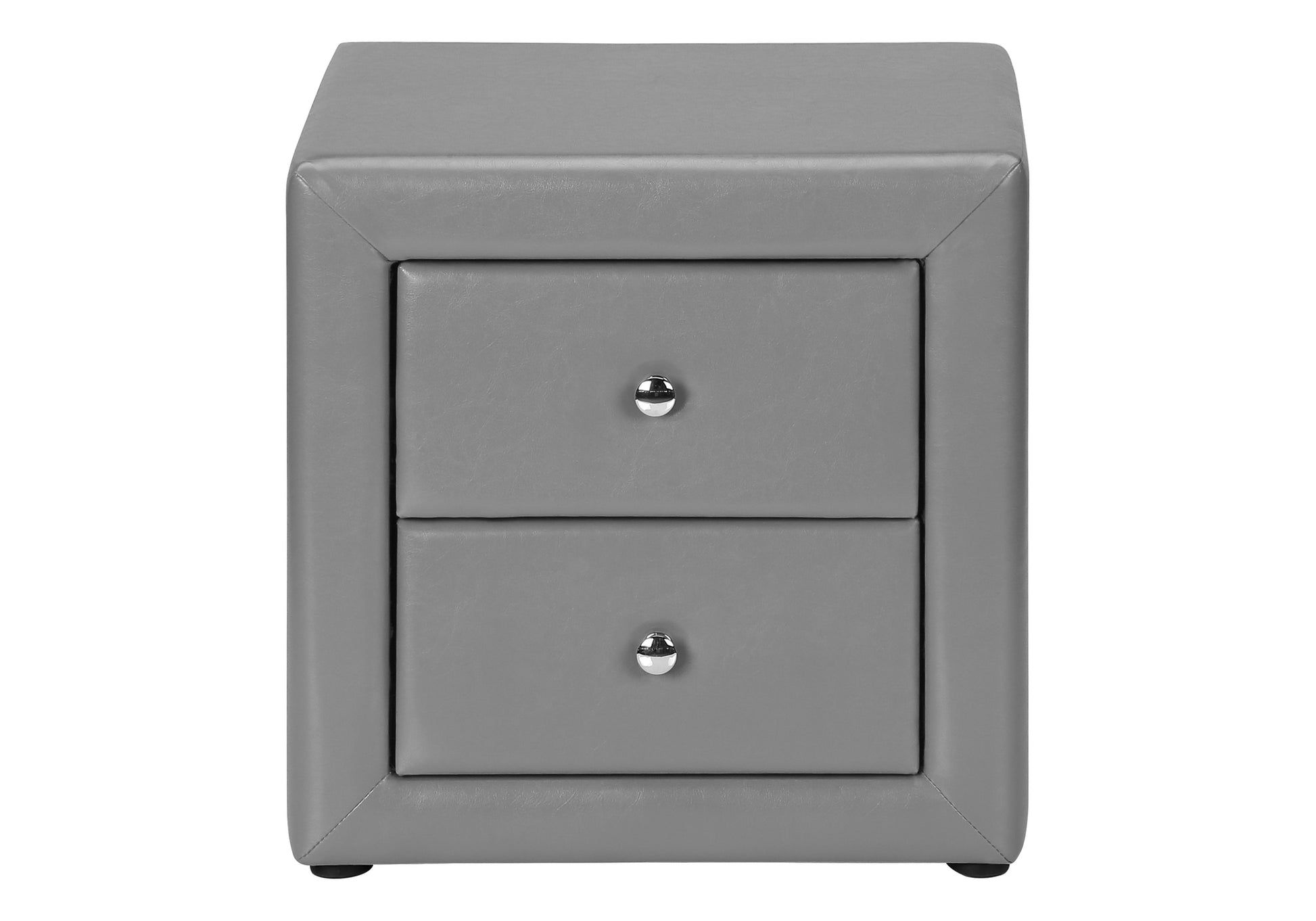 Gray faux leather nightstand with two drawers and silver knobs