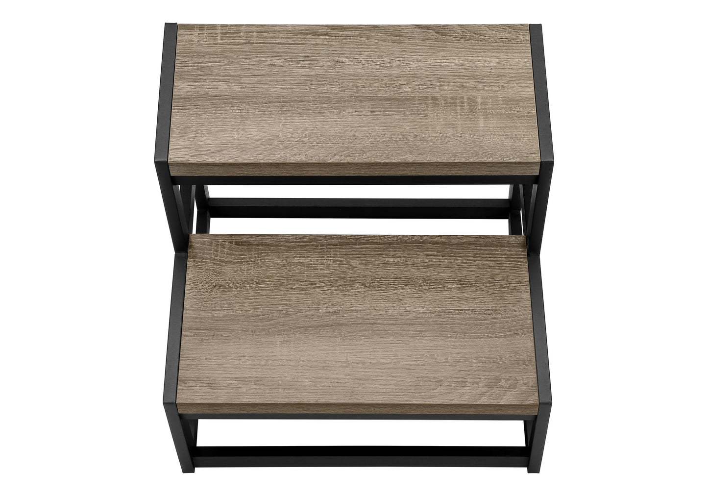 Twotier modern step stool with rustic wood grain shelves and black metal frame