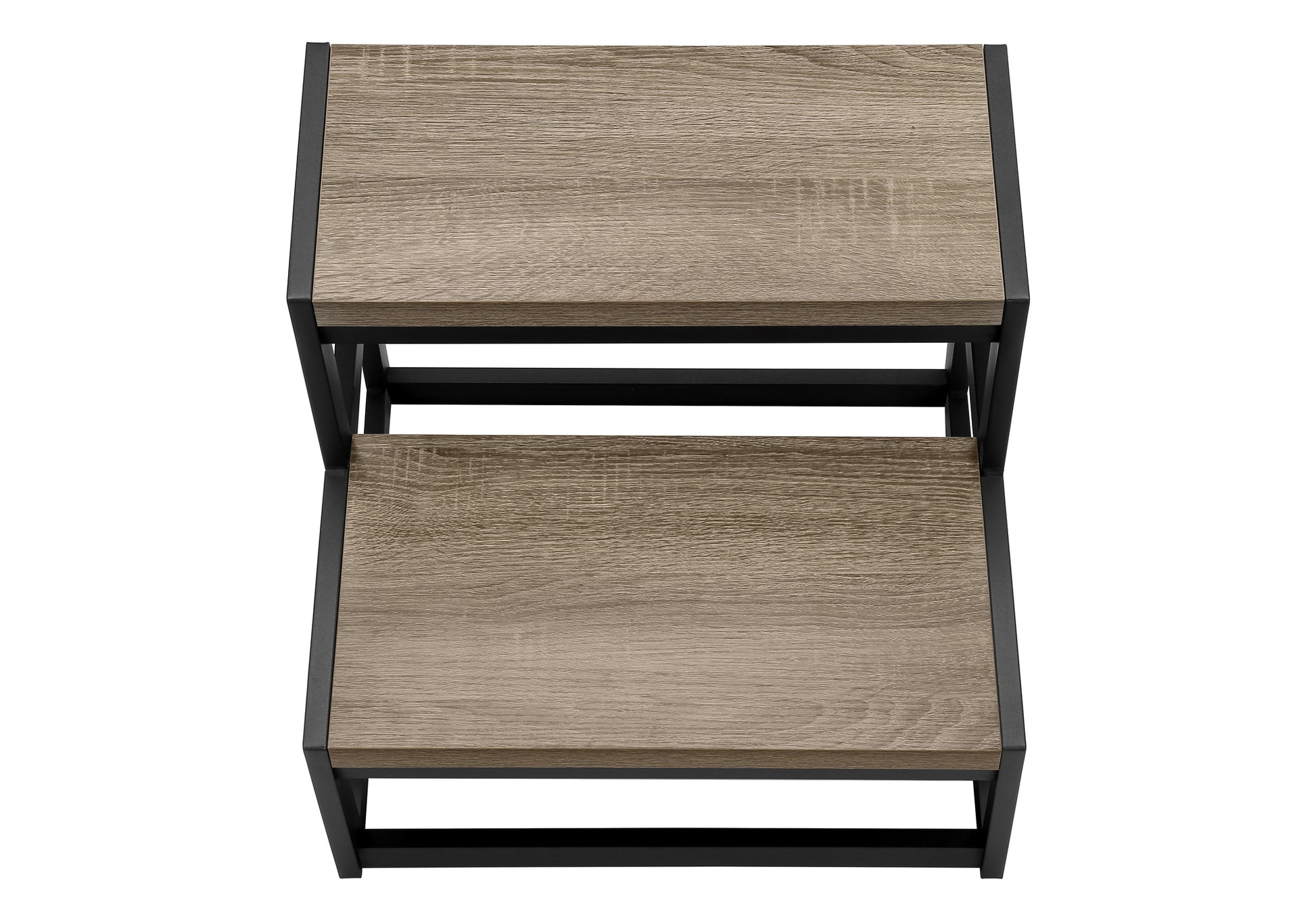 Twotier modern step stool with rustic wood grain shelves and black metal frame