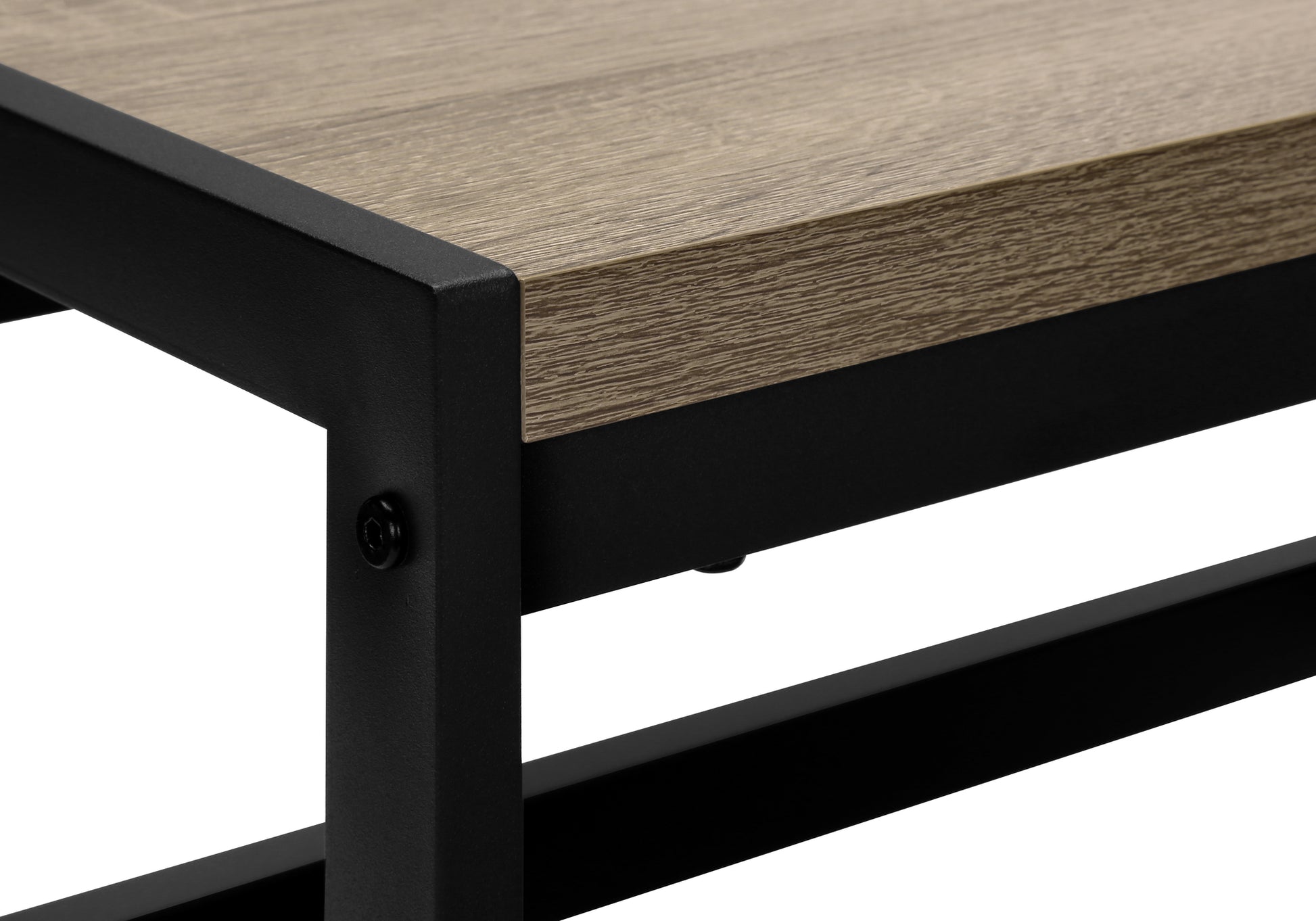 Closeup of a rustic oak finish shelf with a black metal frame highlighting its modern industrial design