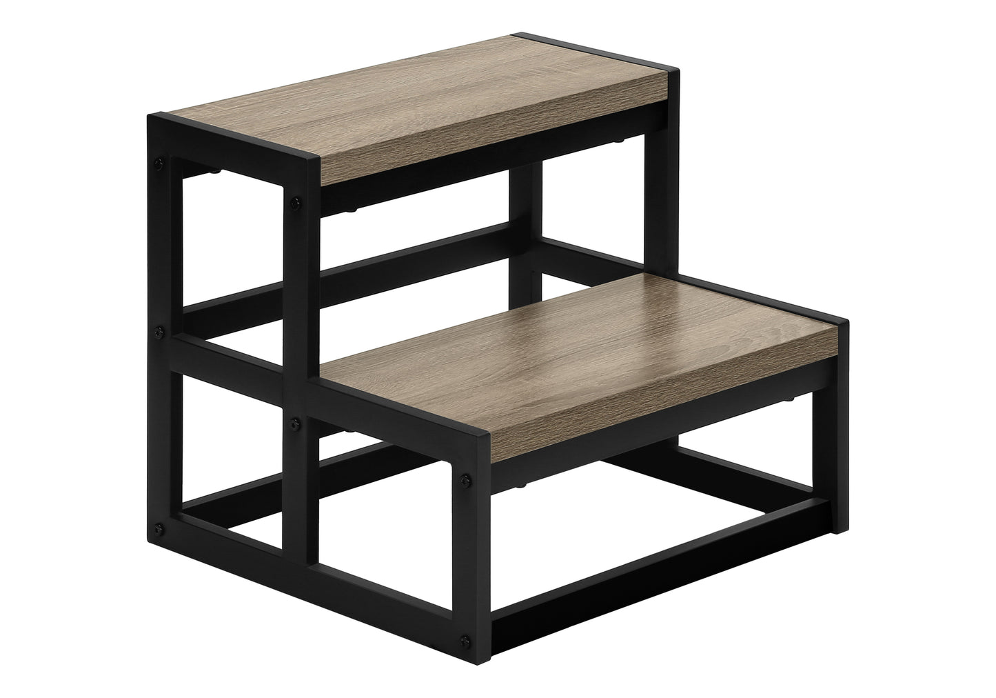 Twotier wooden step stool with black metal frame ideal for reaching high shelves