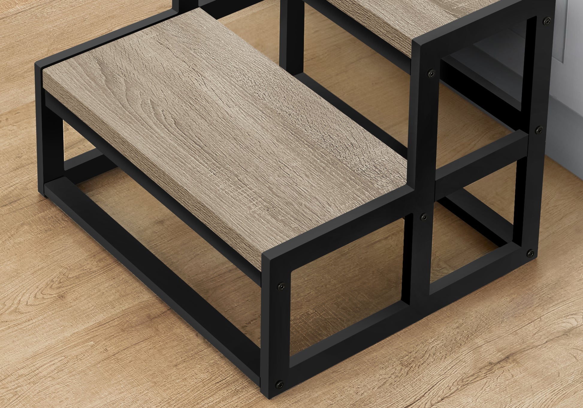 Twotier dog steps with rustic wood grain treads and black metal frame