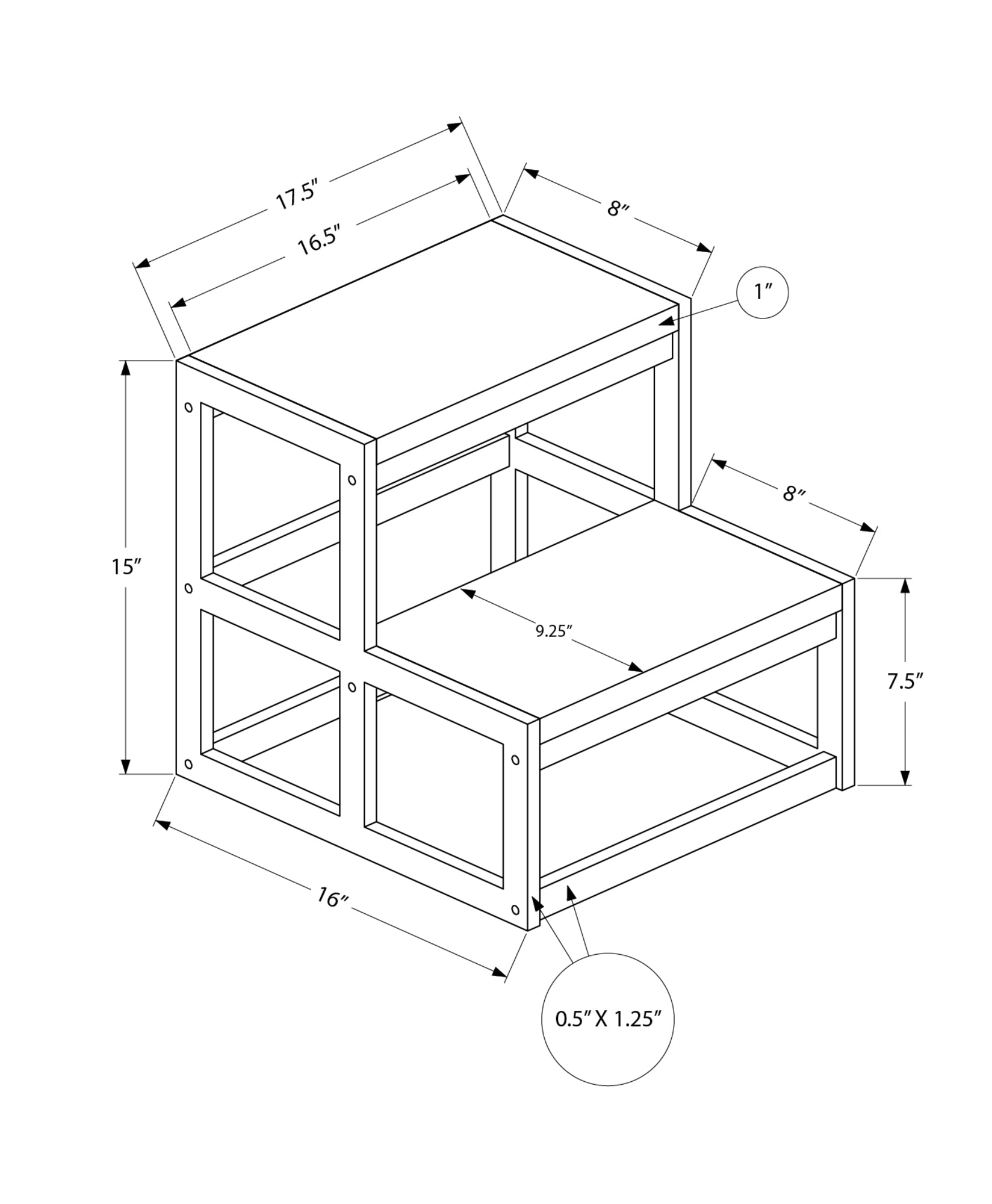 Diagram of a twotier wooden step stool with dimensions labeled for height width and depth