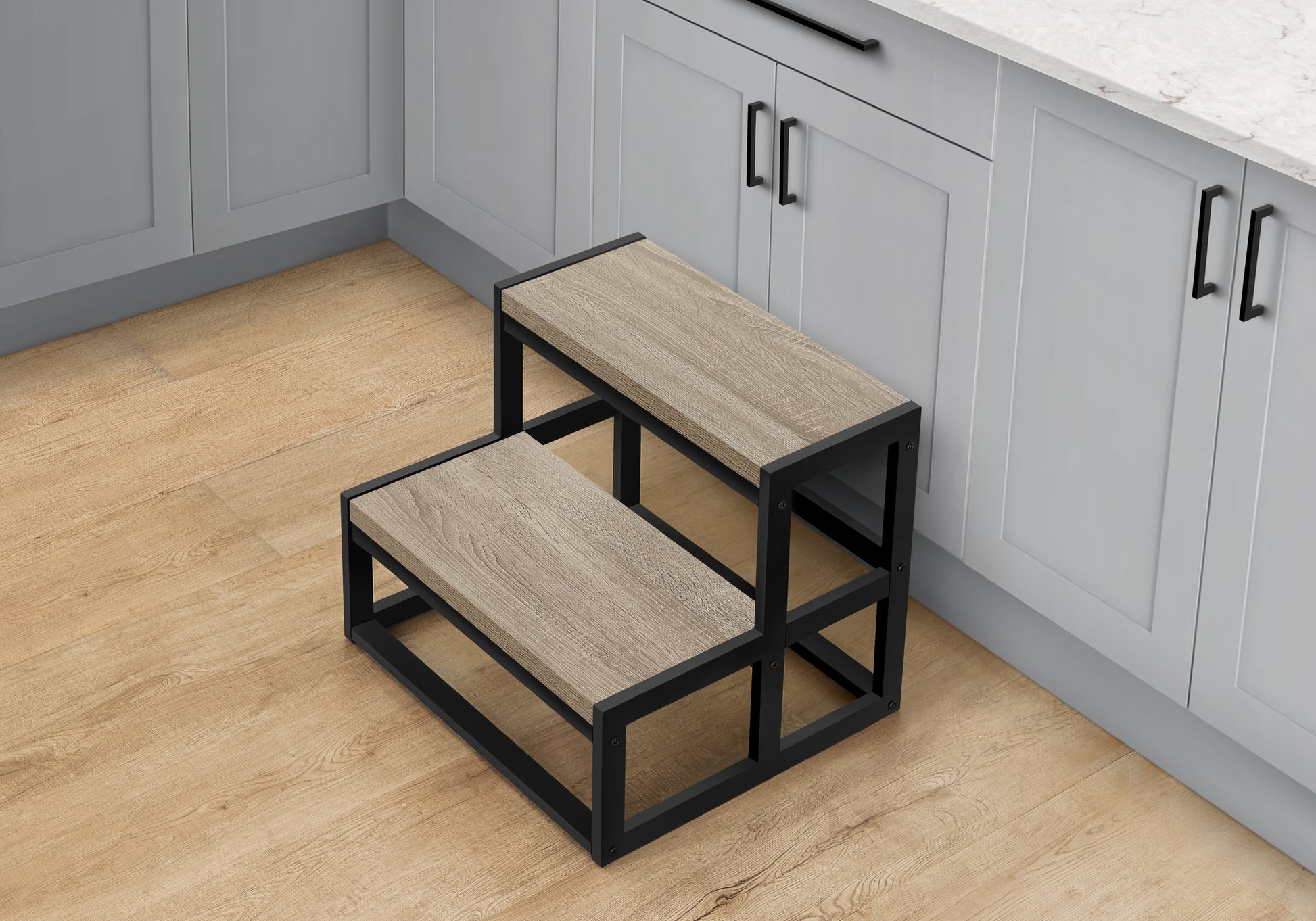 Twotier wood step stool with black metal frame for kitchen use
