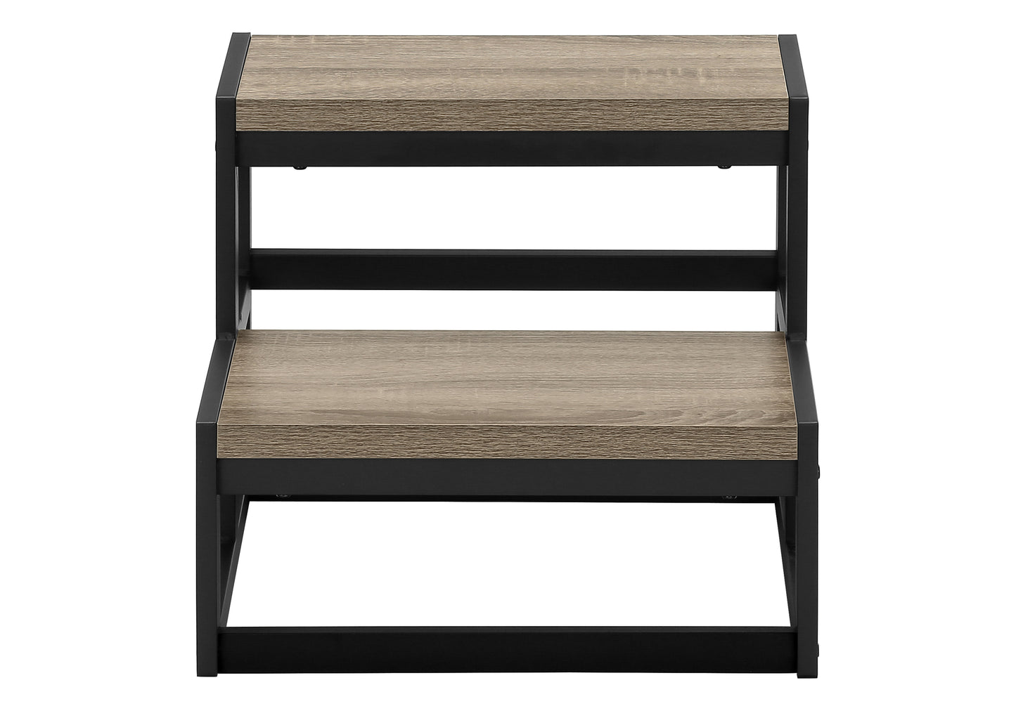 Twotier rustic wood step stool with black metal frame for easy reach