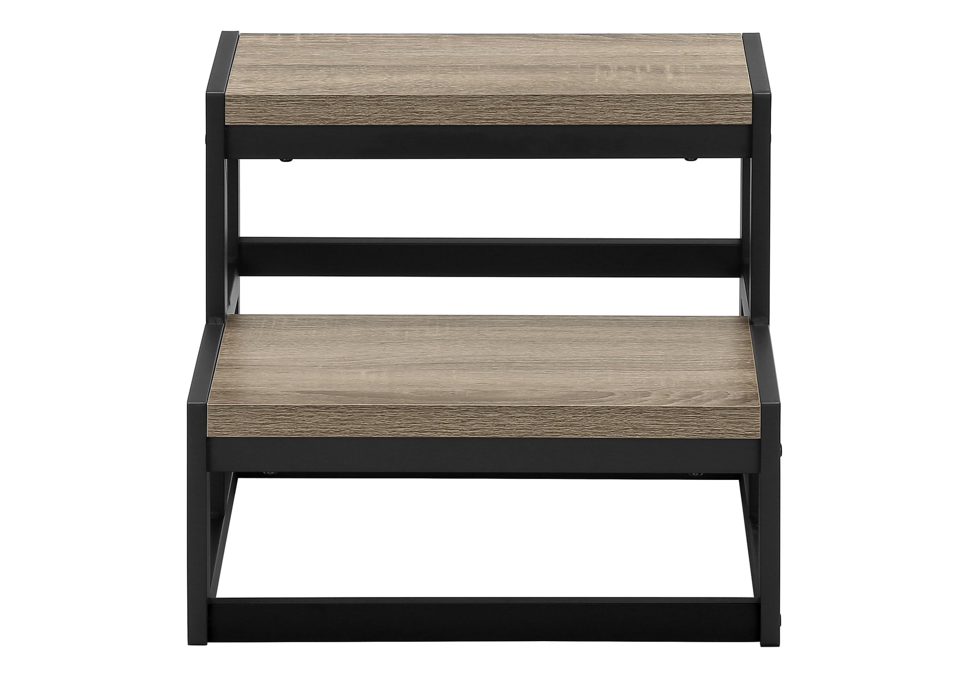 Twotier rustic wood step stool with black metal frame for easy reach