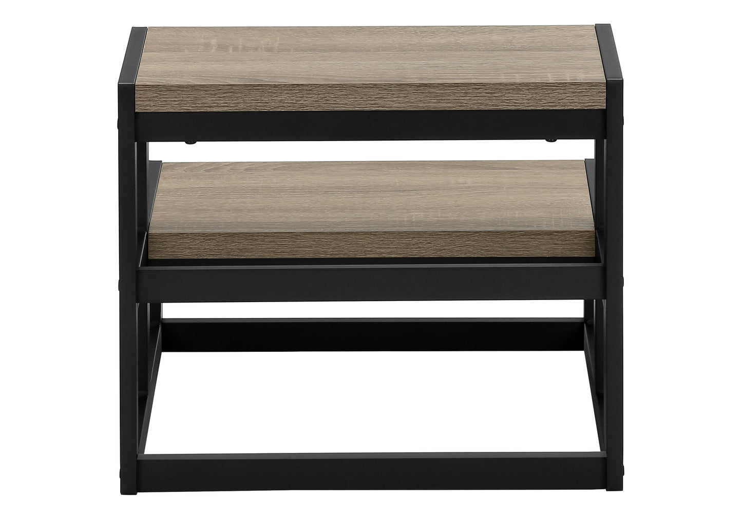 Industrial twotier end table with weathered wood finish shelves and black metal frame