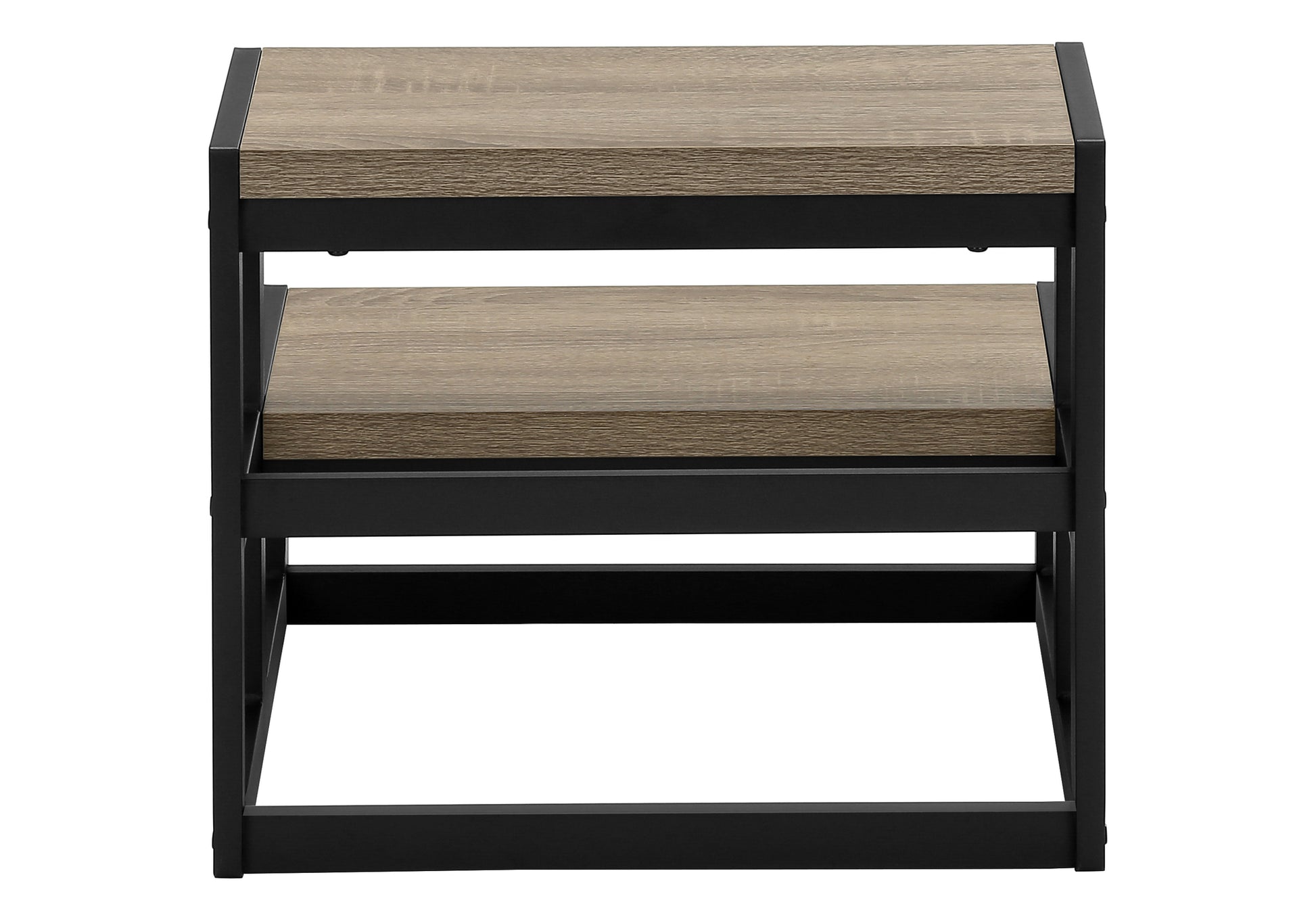 Industrial twotier end table with weathered wood finish shelves and black metal frame