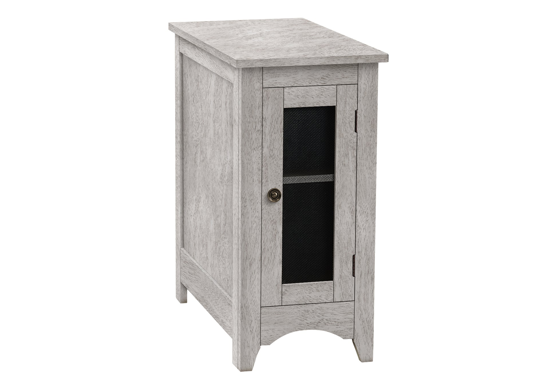 Distressed white wood accent cabinet with mesh door detail and brass knob