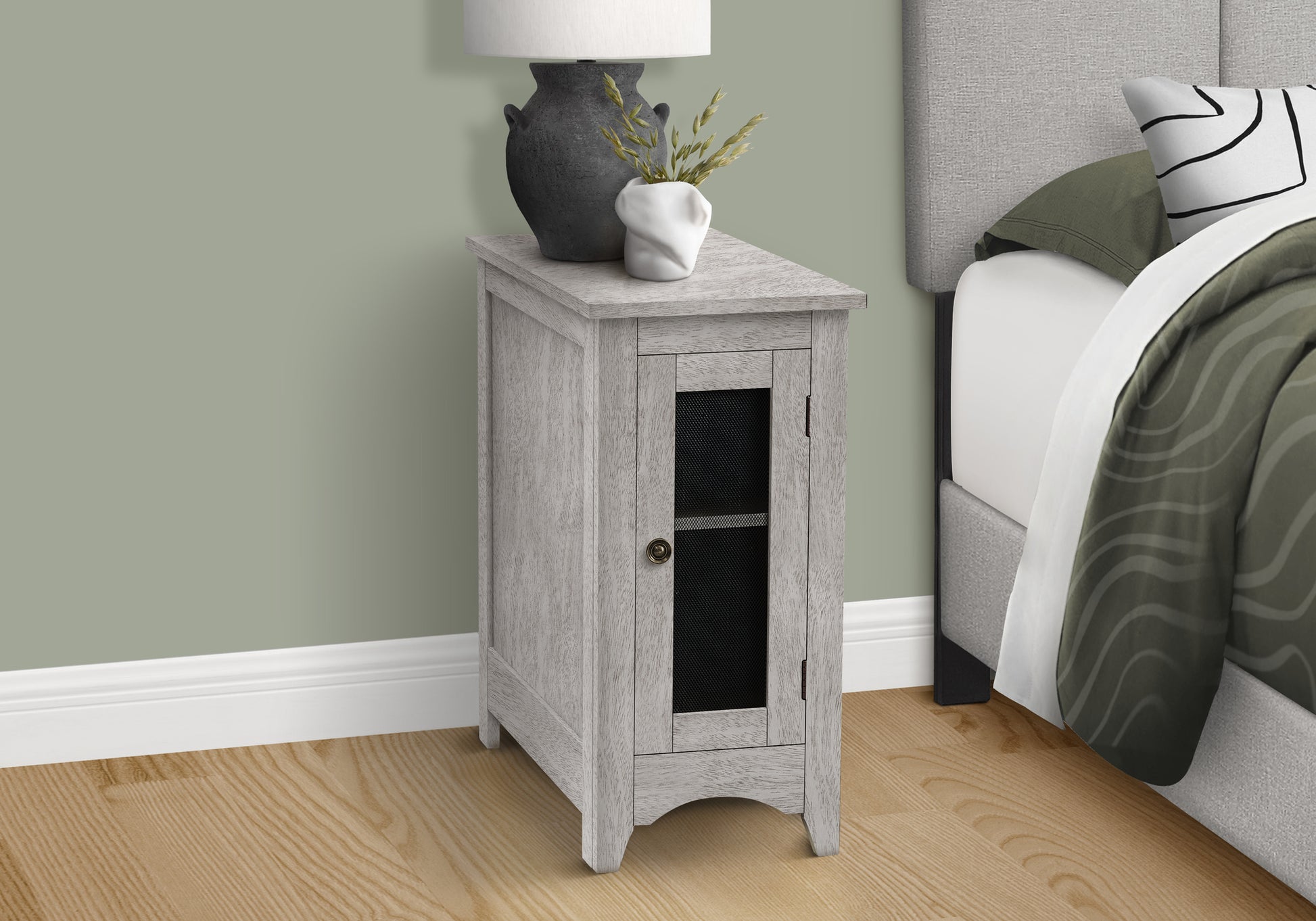 Rustic grey wood narrow nightstand with glass door accent