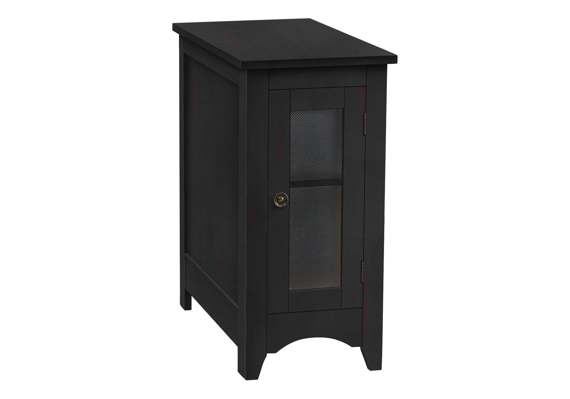 Dark wood accent cabinet with distressed finish and mesh door panel
