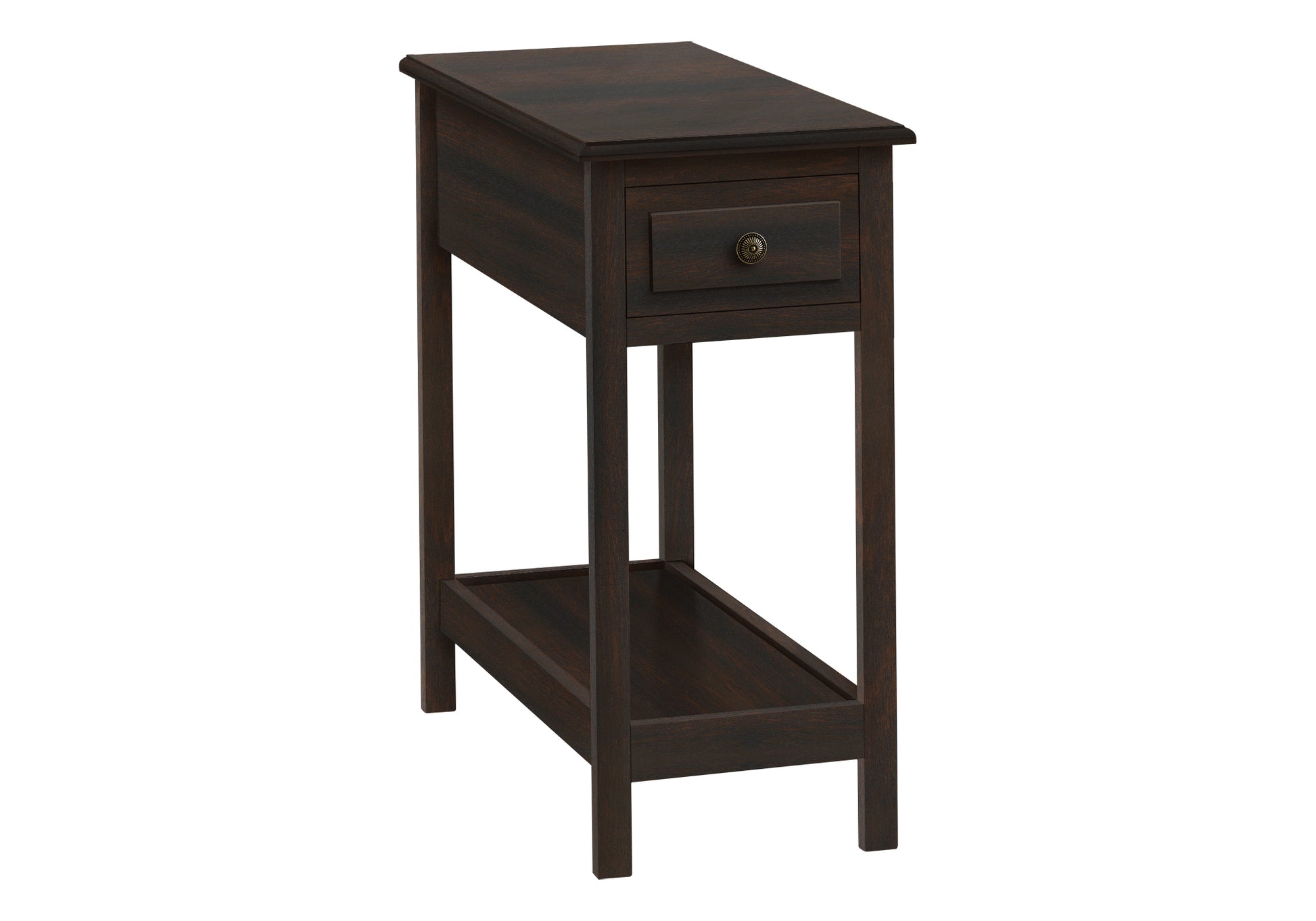 Dark brown wooden end table with drawer and lower shelf