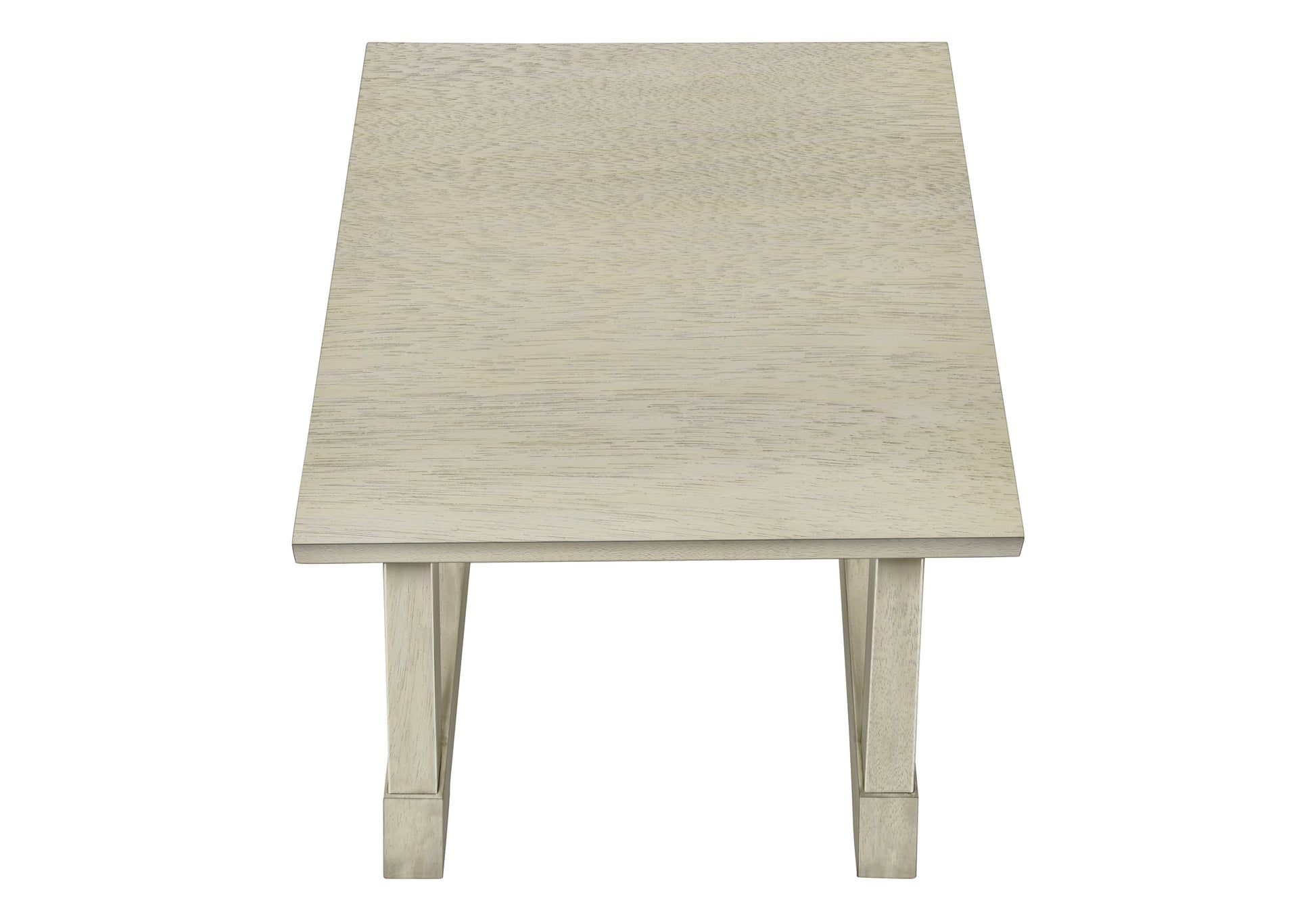 Distressed white wood end table with tapered legs ideal for modern living rooms