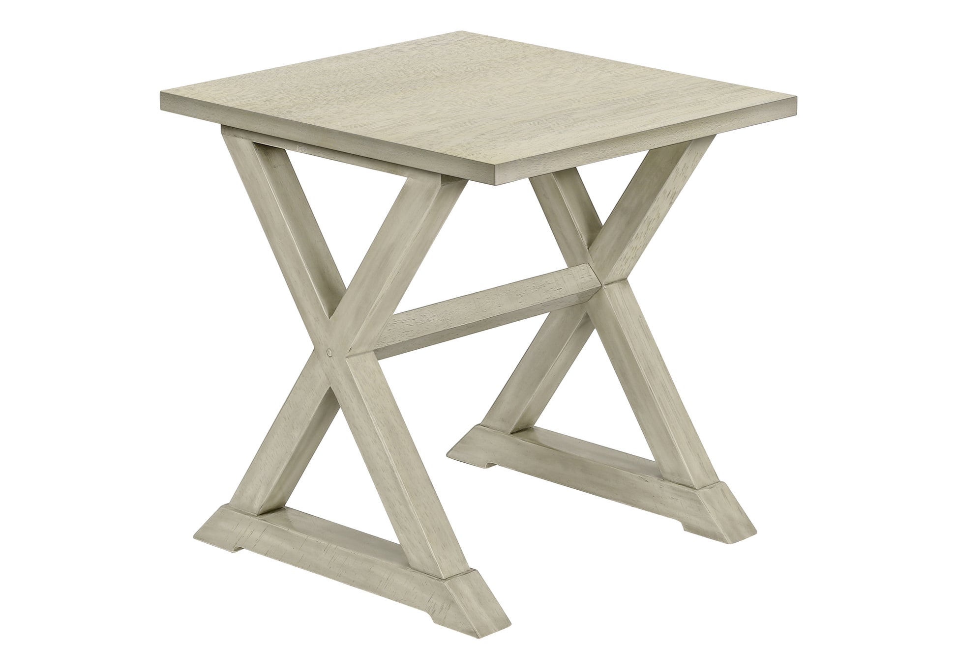 Light gray wood accent table with X base perfect for small spaces