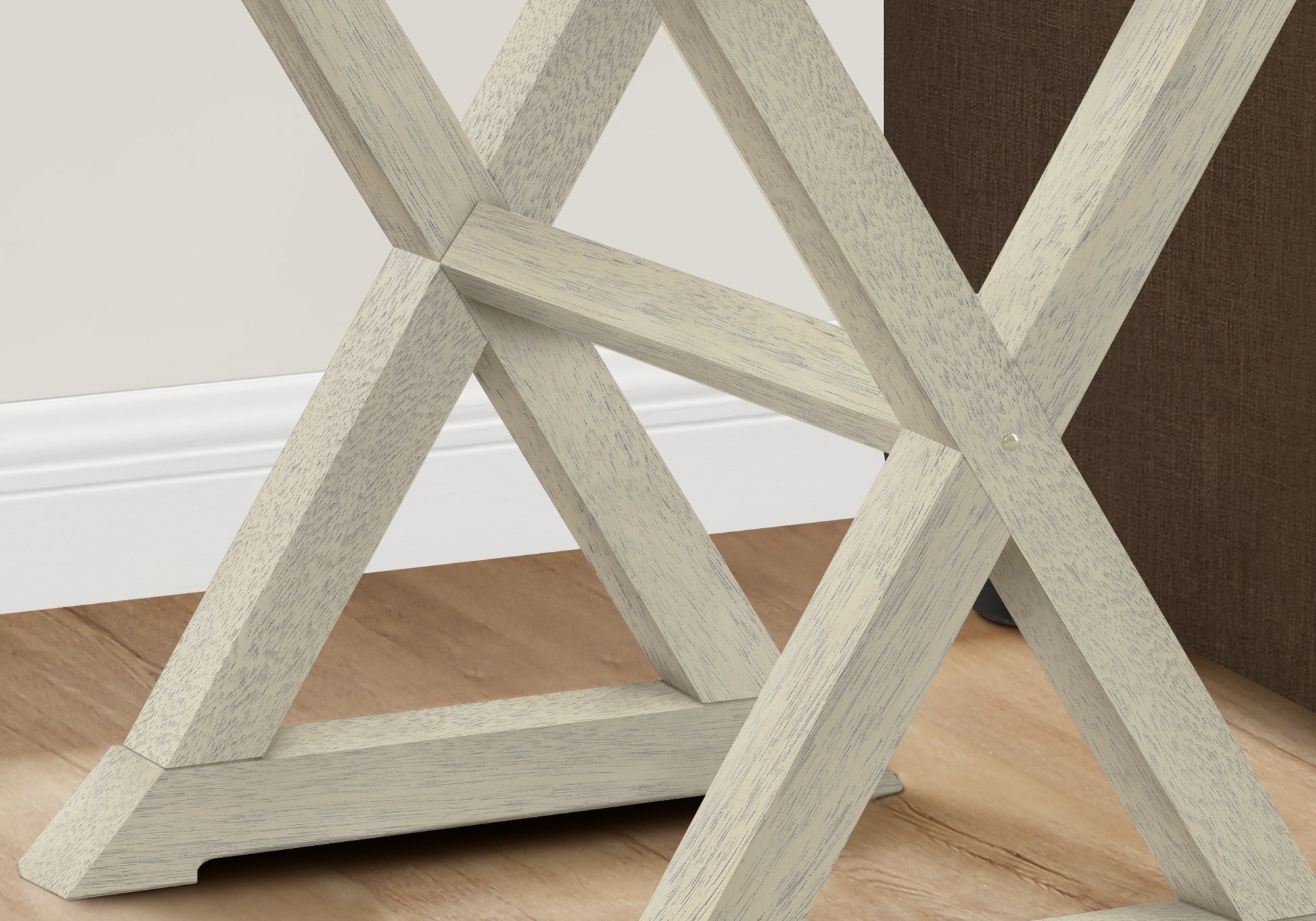 Distressed white wooden accent table base with interlocking Xframe design